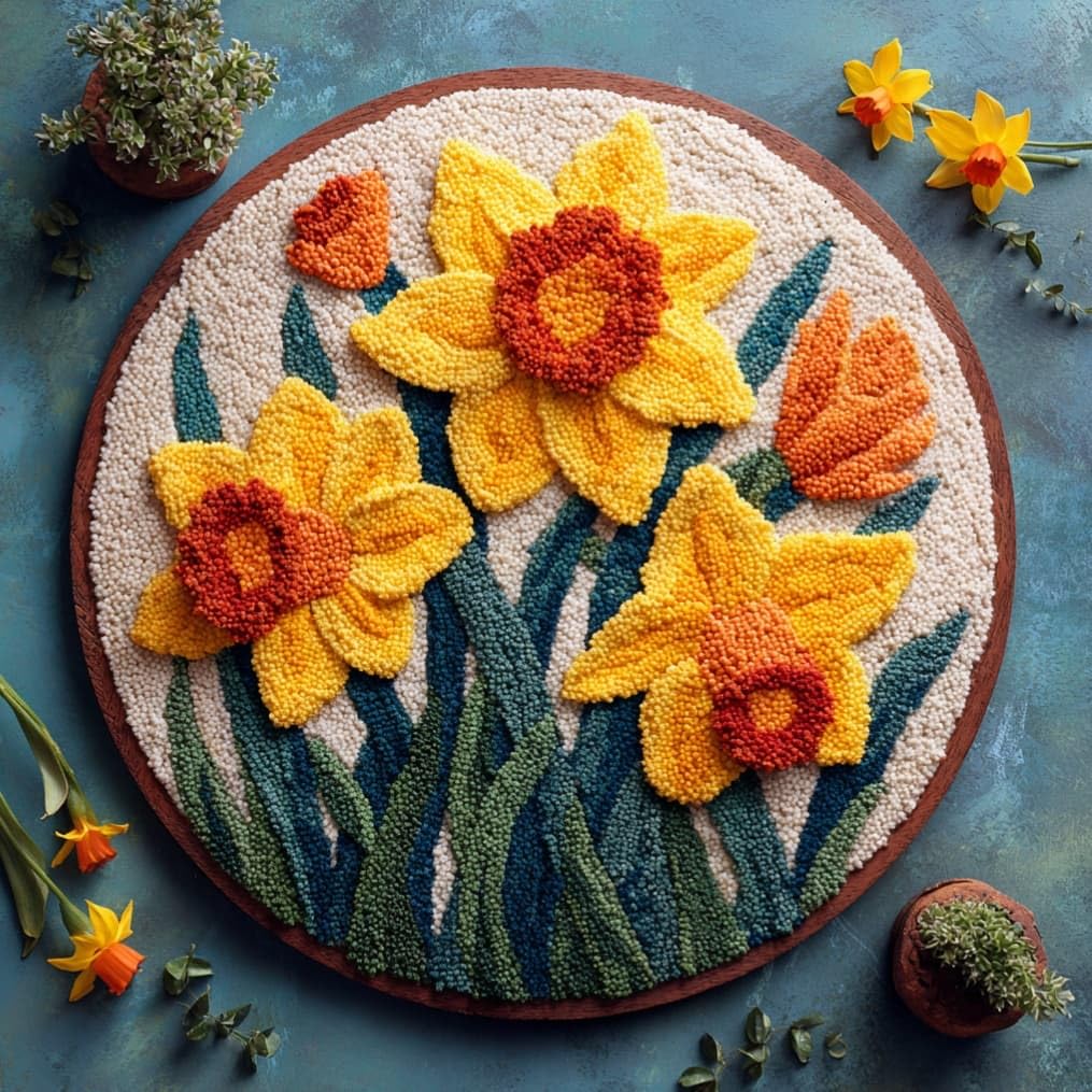 kitphoenix Round Shape Latch Hook Kits Rug Daffodils DIY Cushion Rug Carpet Making Crochet Hook Kits Preprinted Pattern Canvas Cushion Yarn Hooking Kits Mat Kits 50X50Cm