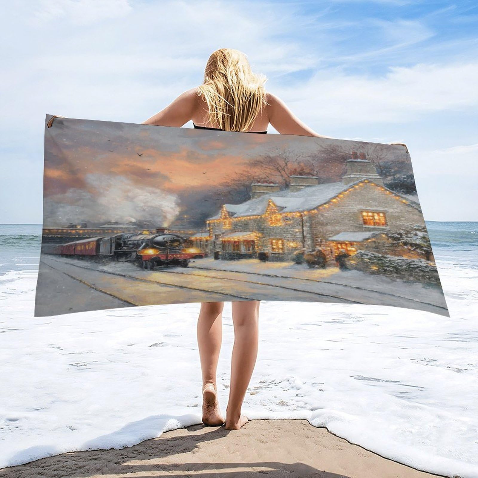 Luyysky Retro Aesthetic Antique Train Quick-Drying Beach Towel, Rustic Abstract Christmas Sunset Snowy Landscape Steam Train Travel Vacation Single Sided Pile Bathroom Towels-80 W Cm X 160" L Cm