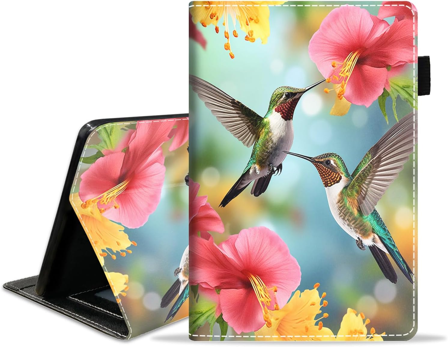 Case for Amazon Kindle Fire 7 Tablet (9th/7th Generation, 2019/2017 Release) 7" Display - Slim PU Leather Stand Folio Cover with Card Slot & Auto Sleep/Wake, Hummingbird Flowers