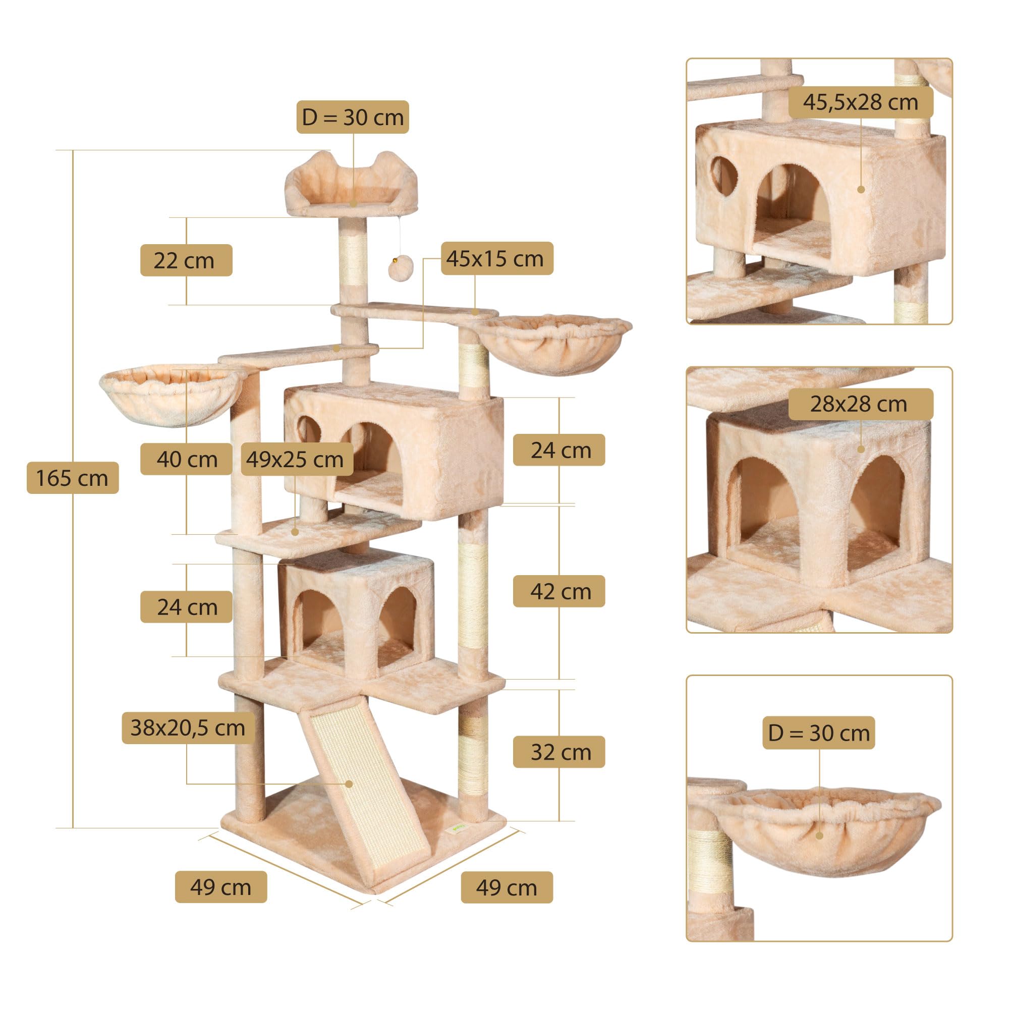 Arbre a Chat 165 cm, Griffoir Chat en Sisal, 2 Niches, 2 Hamacs, 1 Perchoir, Tour a Chat Stable pour Grands Chats et Chatons, Peluche Beige, Montage Facile, Garantie 5 Ans