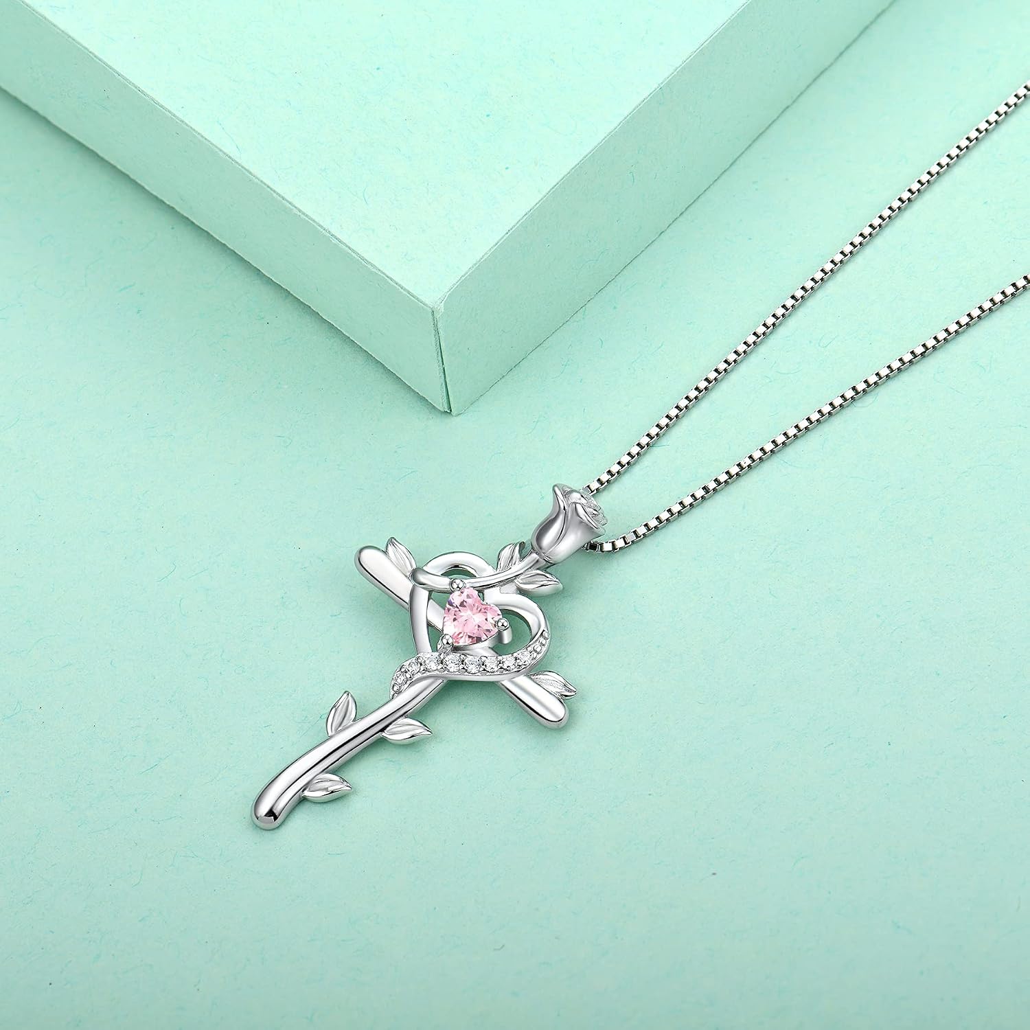 starchenie Cross Necklace 925 Sterling Silver Heart Birthstone Rose Crucifix Pink Zirconia Pendant Jewelry Gift for Women - Image 4