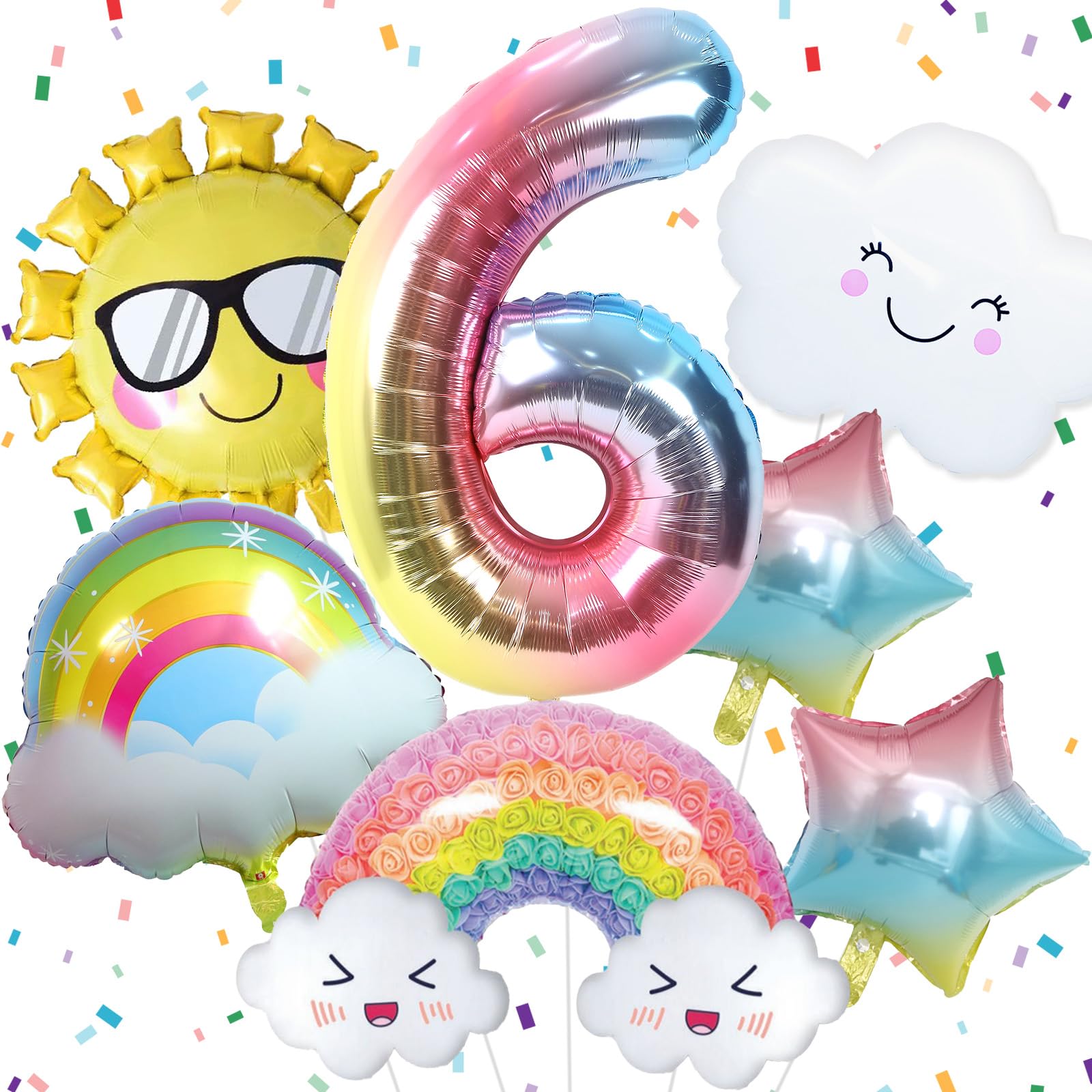 6th Birthday Decorations Girl, 6 Rainbow Balloons Set with Sun Gradient Stars and 40 Inch Number 6 Foil Balloon for Rainbow Theme Girls 6th Party