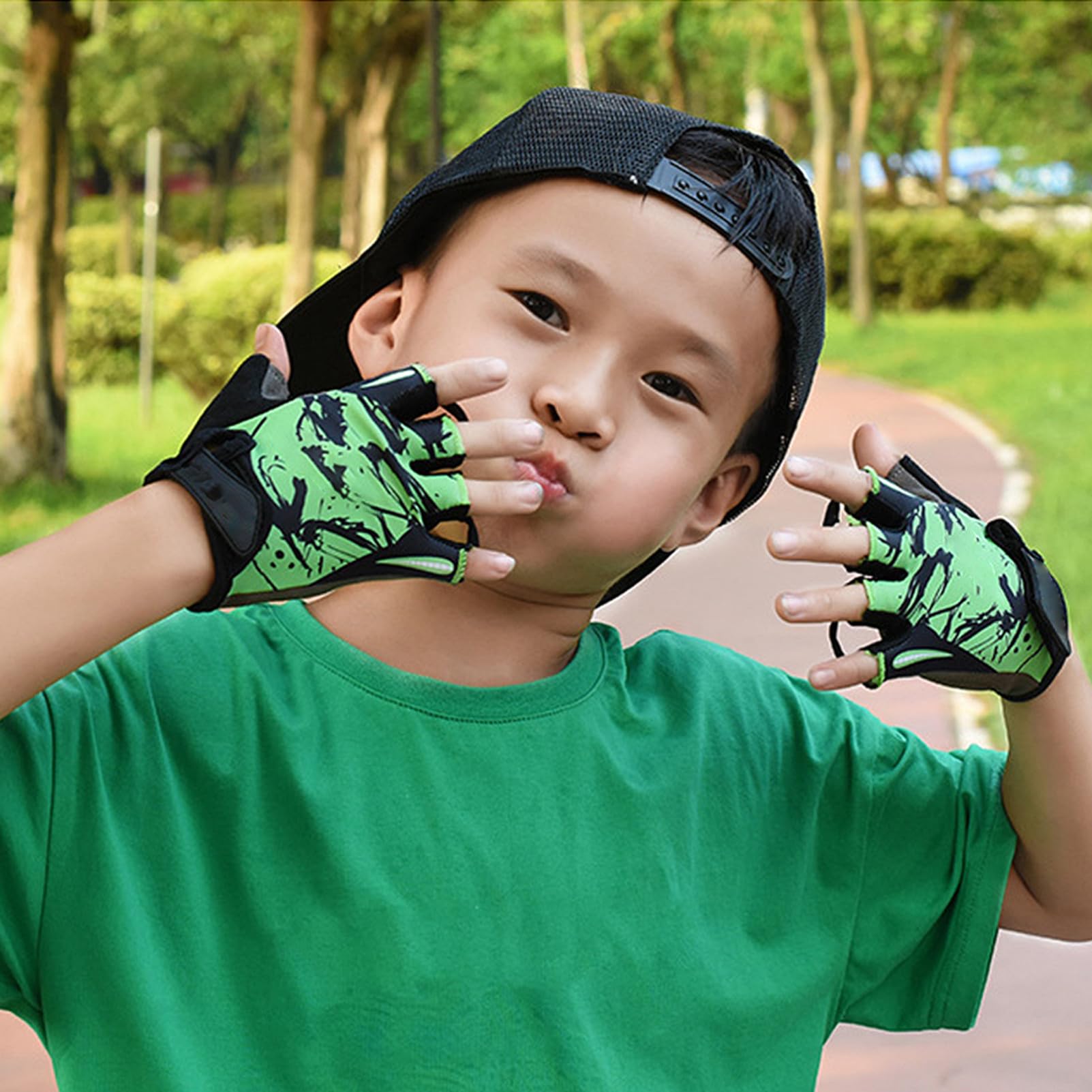 GALPADA 3stücke Kids Outdoor Sport Handschuhe Atmungsaktive Halbfinger Racing Und Workout-Handschuhe Für Junge Mädchen rutschfest Und Stoßdämpfend Grün Totem