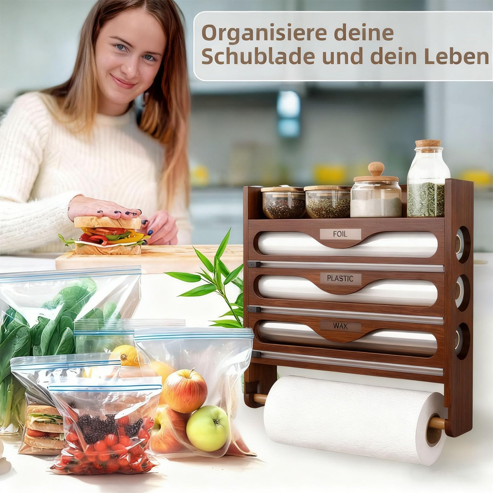 Dispenser per Pellicola Trasparente 4 in 1 con Portarotolo da Cucina,Organizer da Parete per Fogli di Alluminio,Pellicola di Plastica e Carta Oleata,Contenitore Multiuso con Rotolo-Braun