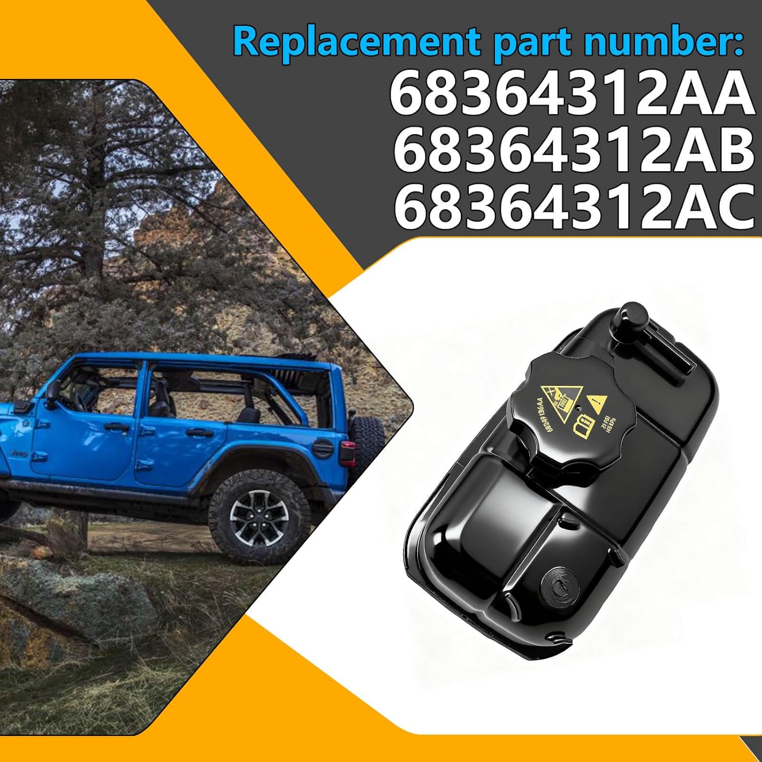 68364312AC Coolant Recovery Tank with Cap, Engine Coolant Reservoir Bottle with Cap Compatible with 2018 2019 2020 2021 2022 2023 2024 Jeep Wrangler 2.0L L4 Replacement# 68364312AA 68364312AB