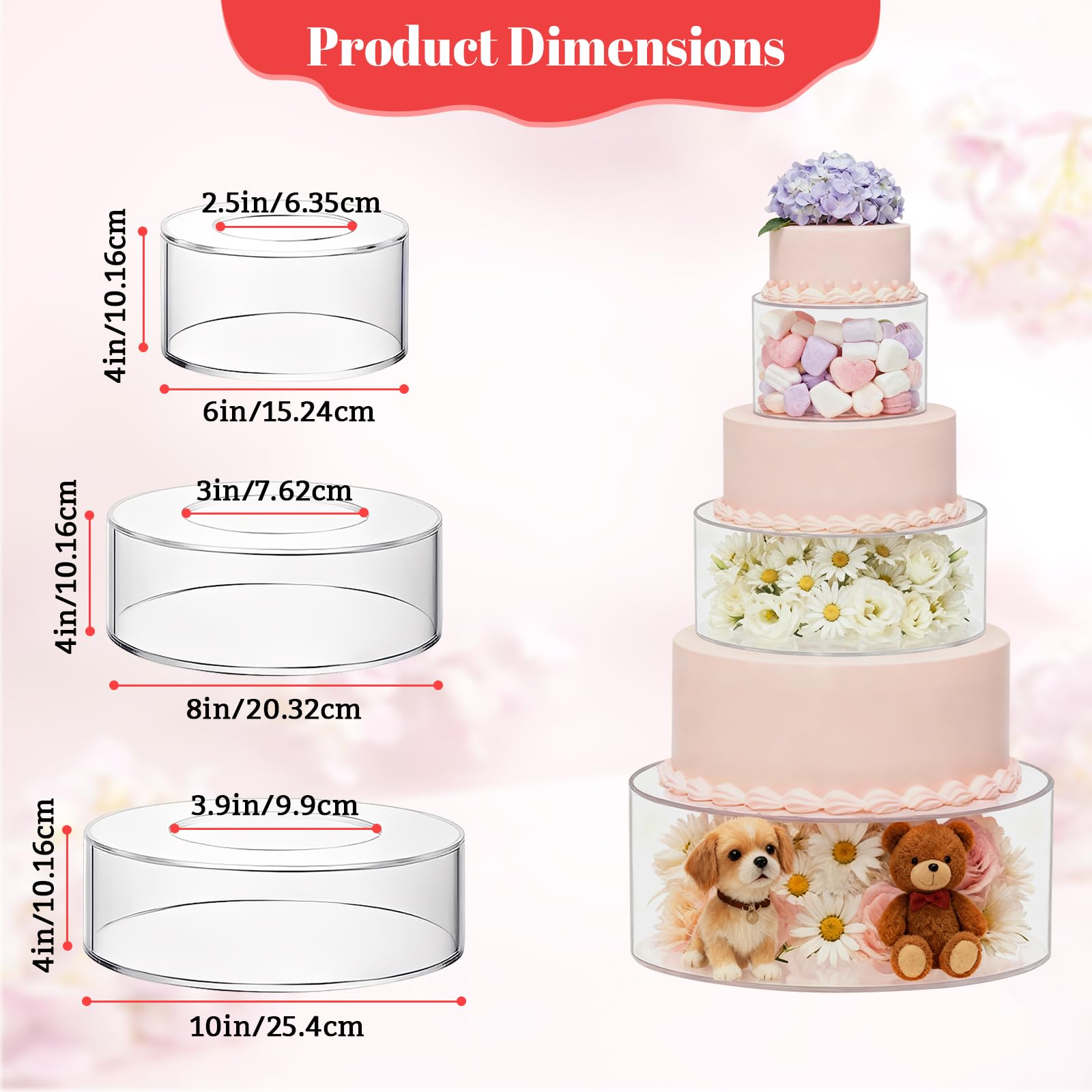 3 Pezzi Alzata per Dolci, Vassoio per Torte Rotondo Trasparente Riempibile con 3 Strisce Luminose a LED per Matrimoni, Compleanni e Feste