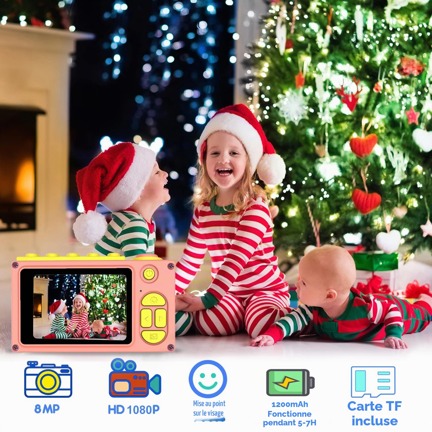ShinePick Appareil Photo Enfant avec Carte TF 32GB/Zoom Numérique 4X/8MP | Etanche Caméra Enfant Écran LCD TFT de 2 Pouce Appareil Photo Numérique Cadeau Jouet pour Enfant Garçons Filles de 3-14 Ans
