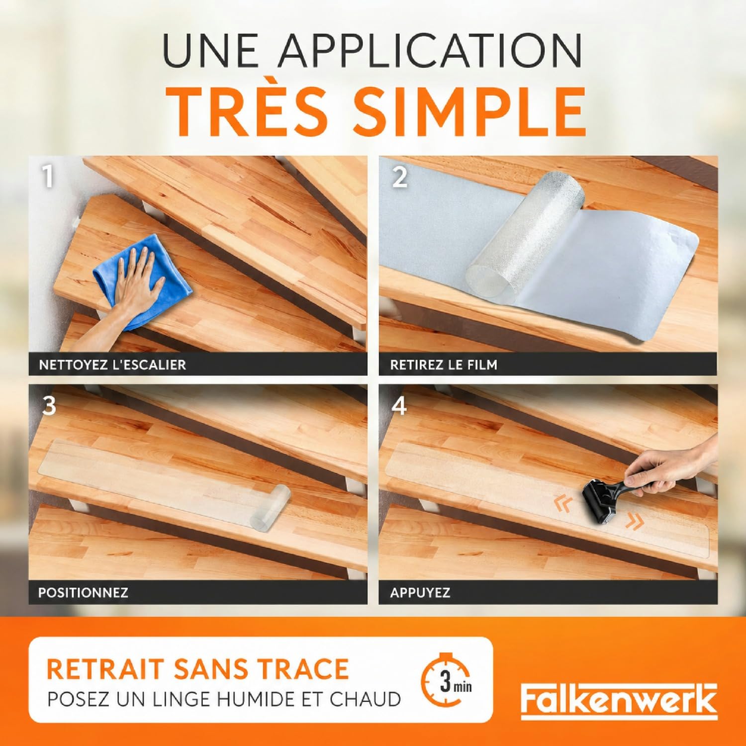 FALKENWERK Lot de 20 Tapis Antidérapants pour Escaliers - Bandes Autocollantes et Transparentes - 12 x 75 cm - Antidérapantes - Imperméables - Avec Rouleau à Spatule