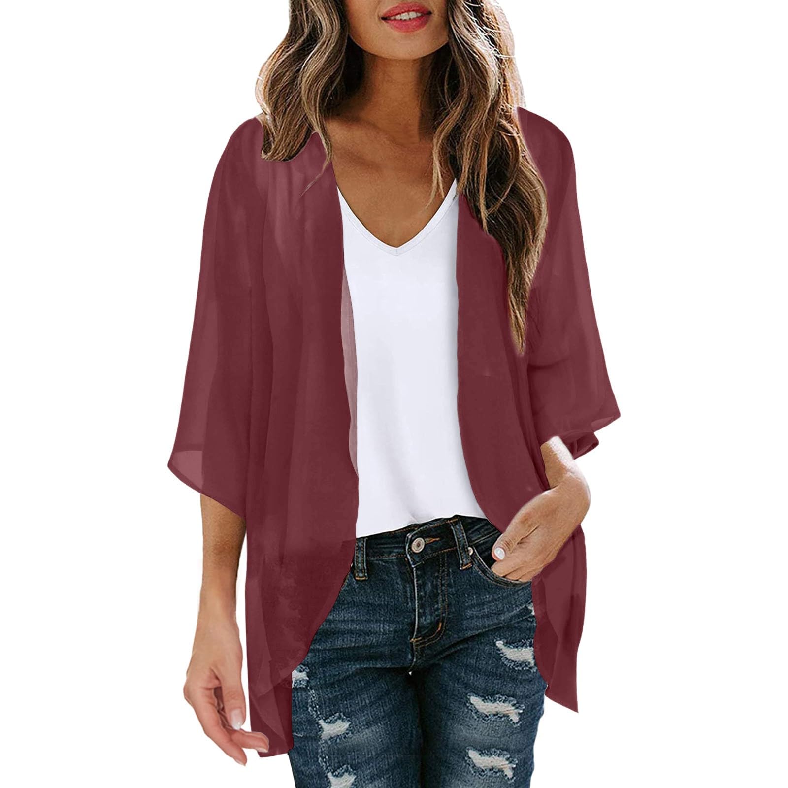 KBOPLEMQ Kimono de gasa para mujer, cárdigan de manga 3/4, bikini con estampado floral, ligero, para playa, abierto, chaqueta para verano, bolero, gasa, verano, cárdigan