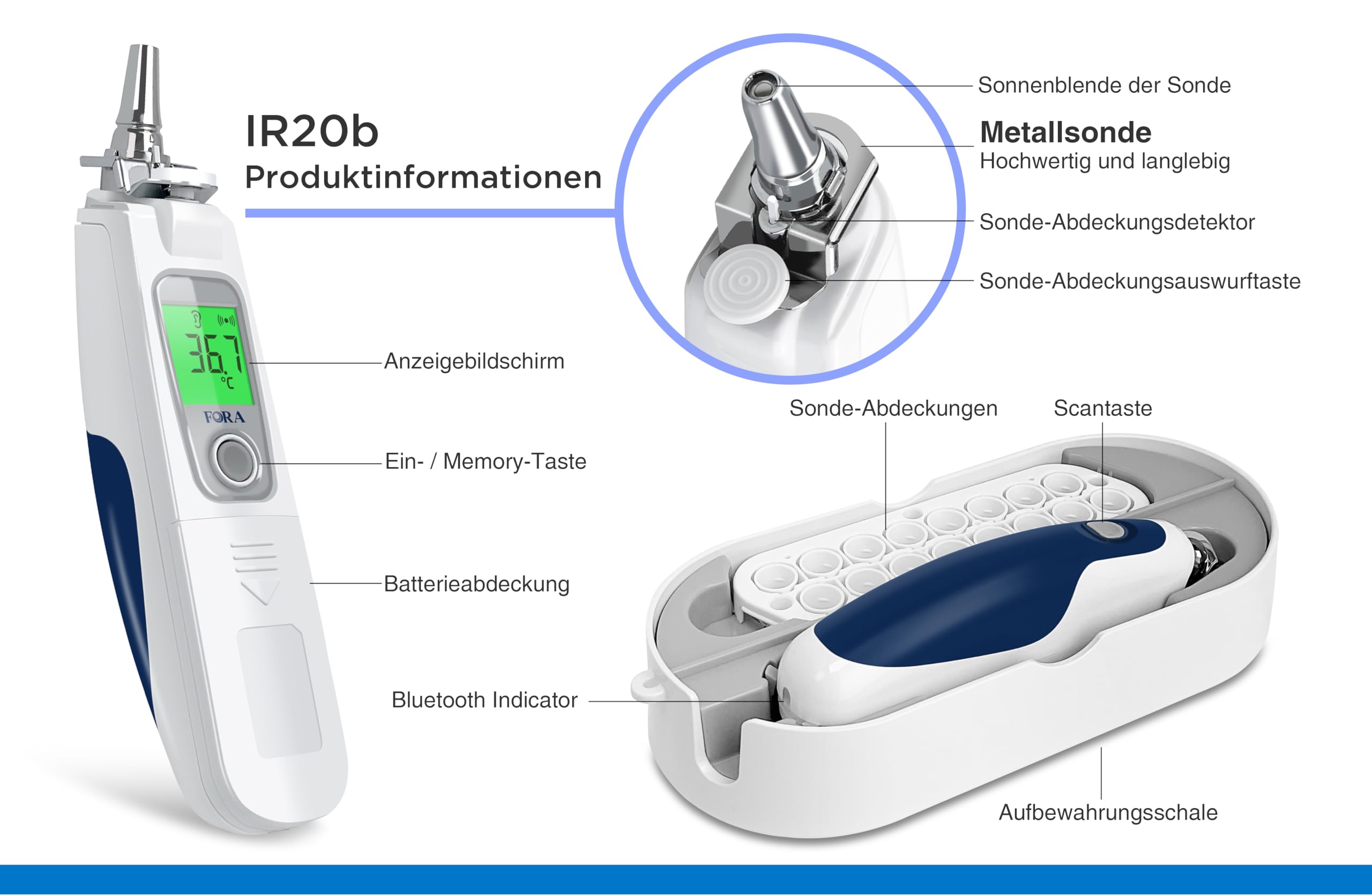 FORA IR20B Ohrthermometer mit bluetooth in medizinischer Qualität mit 16 Einmal-Schutzkappen, kleiner Eisenkopf- langlebig, Einfach zu säubern | Digitales Infrarot-Fieberthermometer mit Bluetooth, Aufbewahrungsstation, Auswurftaste, Farbanzeige und 10 Spe