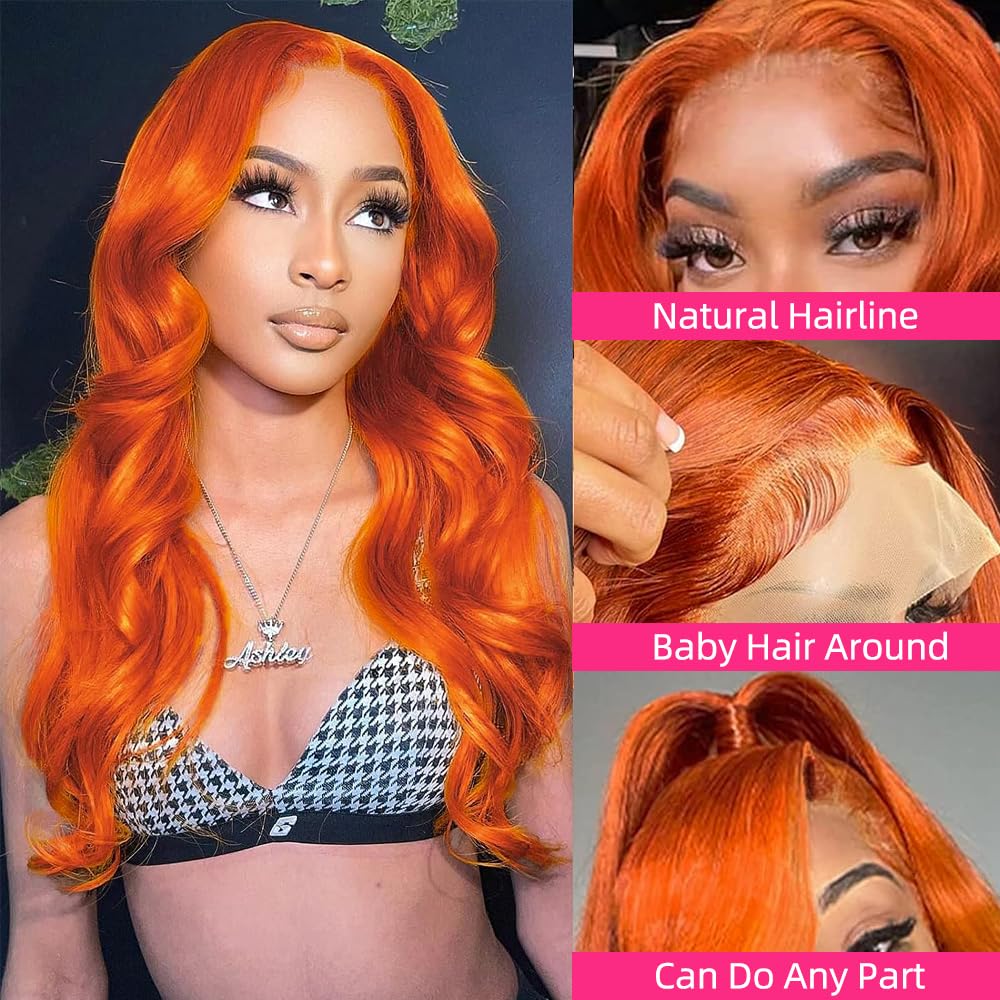 Ginger Orange Body Wave Lace Front Wigs Human Hair 350# 13x4 HD Transparent Lace Frontal Wigs for Black Women Glueless 180% High Density Human Hair Wigs Pre Plucked with Baby Hair(28inch)