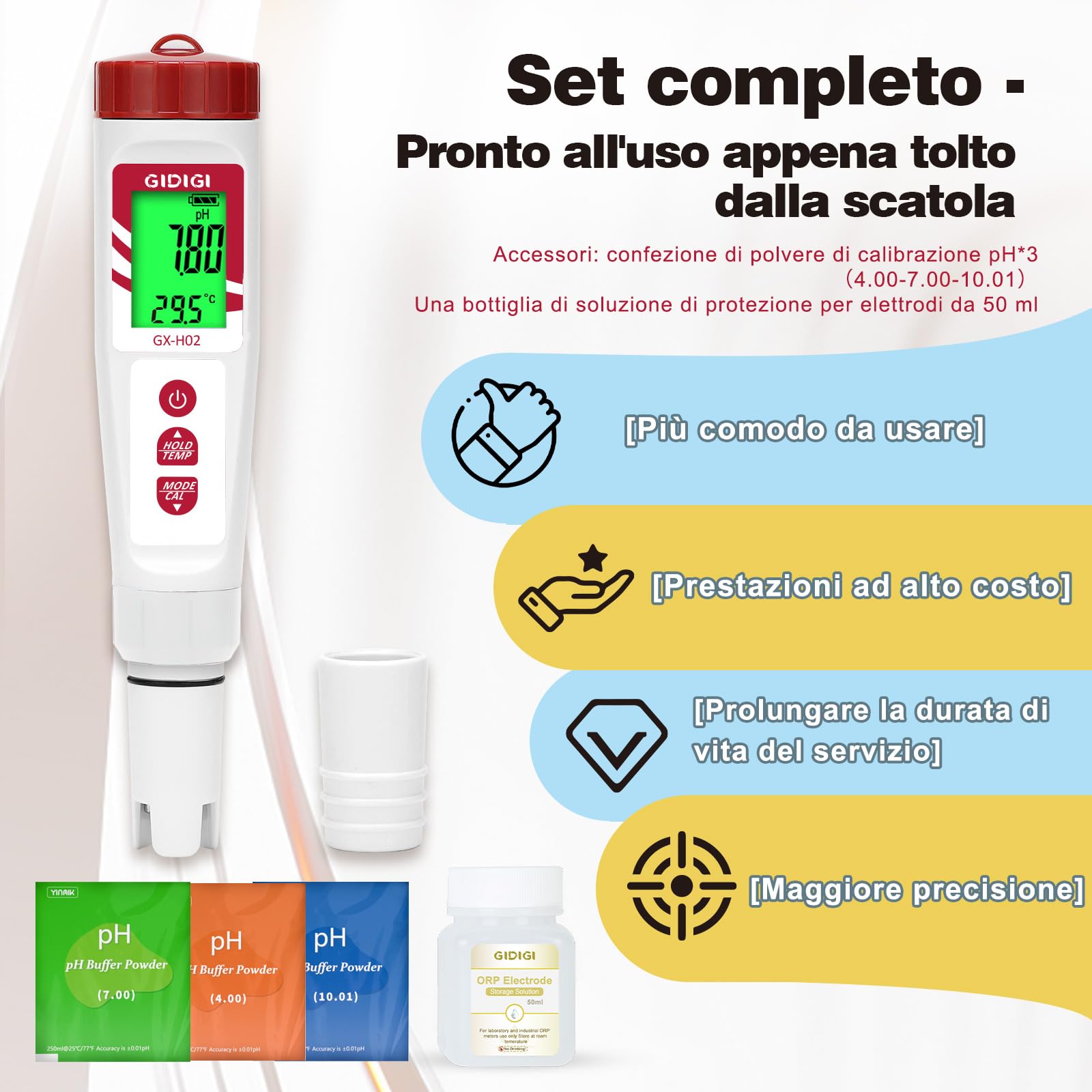 Tester di idrogeno per acqua, misuratore di pH GIDIGI, misuratore di qualità dell'acqua digitale pH/ORP/H2/Temp con ATC, tester ORP, tester di idrogeno ad alta precisione per acqua potabile idroponica