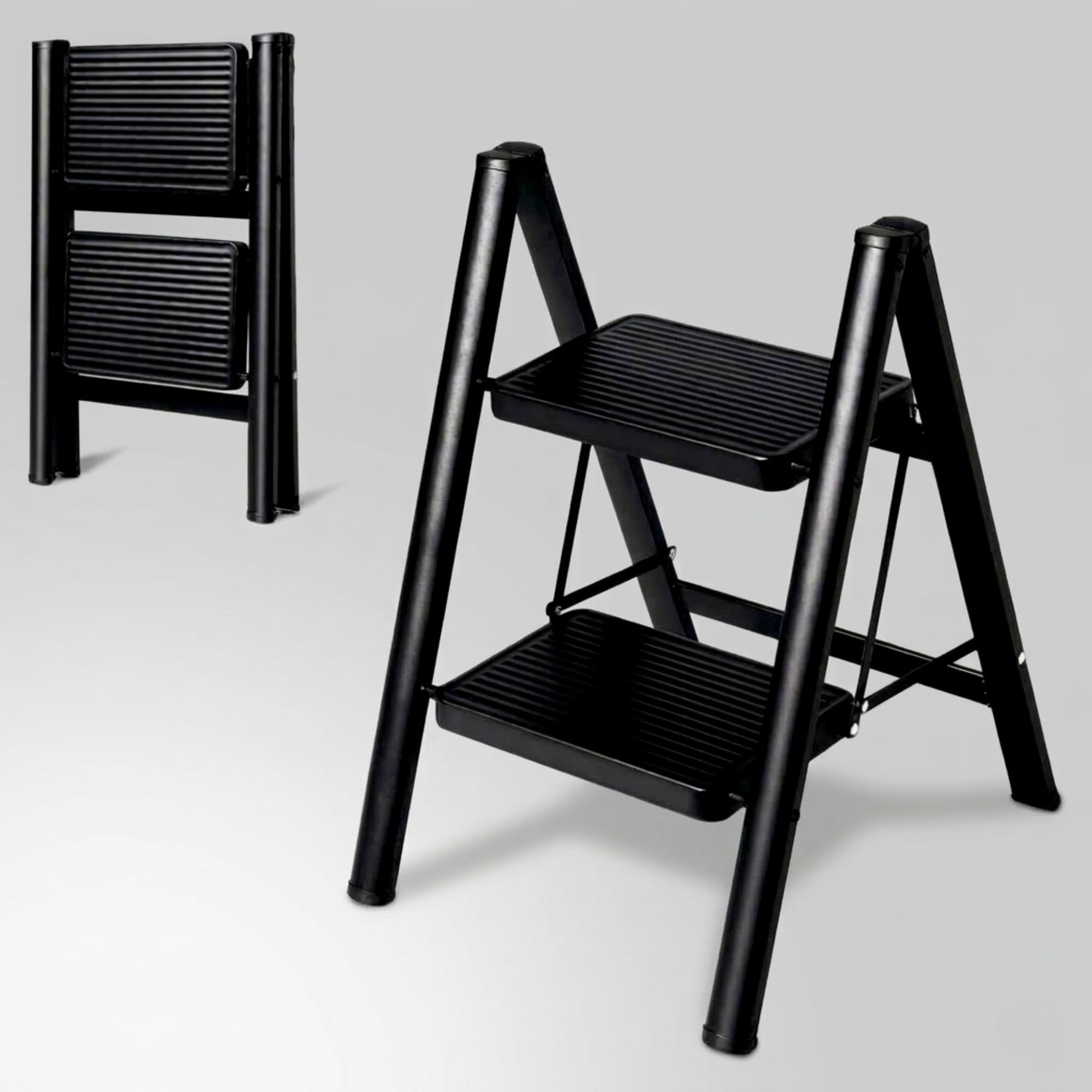 JIALTO 2 Step Metal Ladder for Home, Foldable Lightweight Stepping Stool with Wide Pedals, Anti Slip Heavy Duty 150 Kg Capacity, Portable for Kitchen, Office & Library (Black)