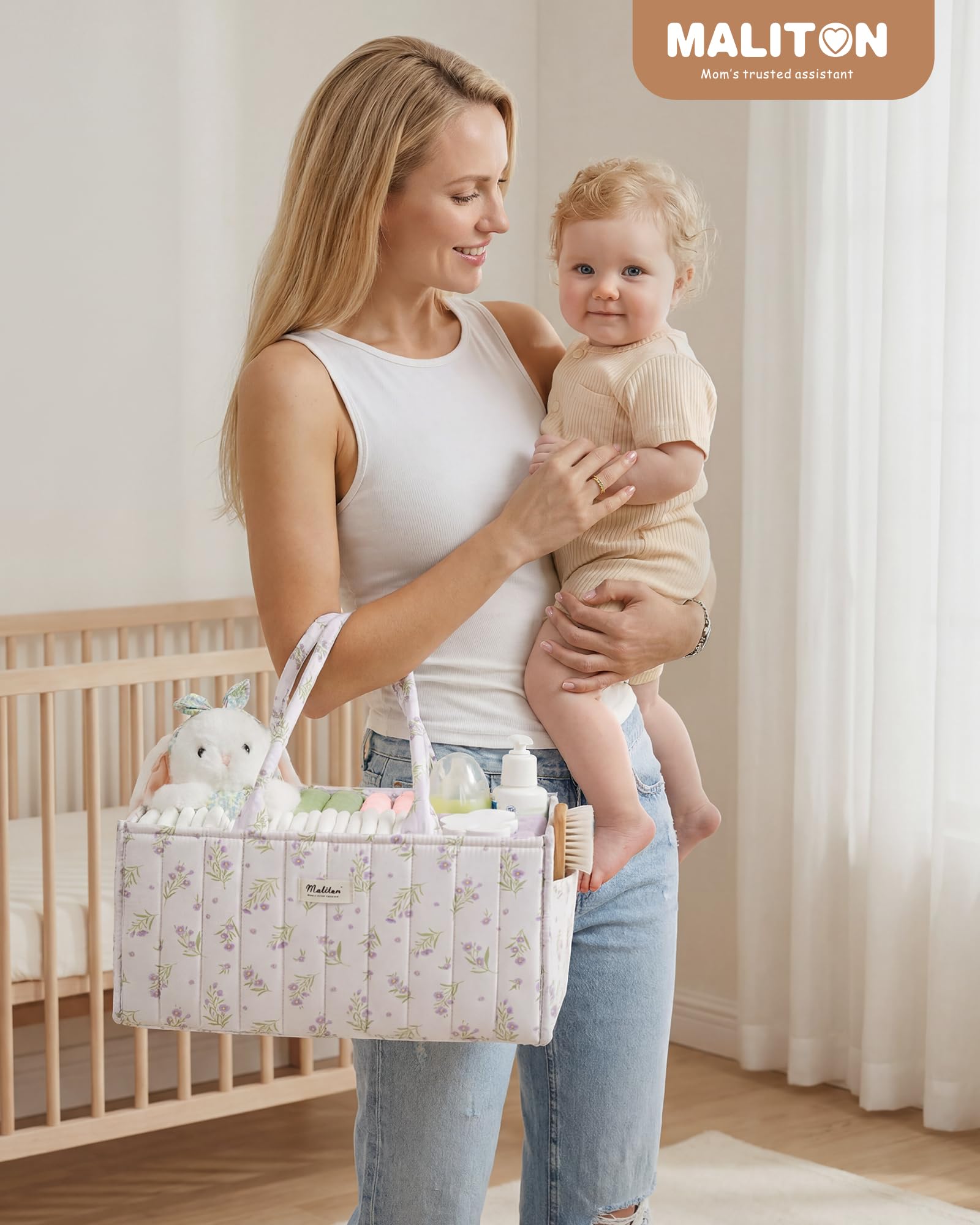 Maliton Panier Rangement Bébé, Organiseur table à langer, panier de rangement pour couches avec compartiments et poignées, essentiels nouveau-né, cadeau naissance bébé, Fleurs violettes