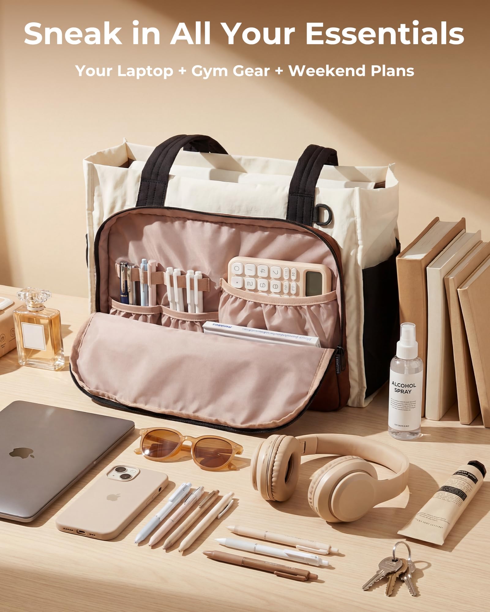 BAGSMART Tote Bag for Women Work, Puffy Travel Tote Handbag Gift for Teacher & Nurse | Medium-13" laptop, w/ 30oz cup holder, Large-15.6" laptop, w/ 40oz cup holder, For campus, work, mothers day gifts — view 8