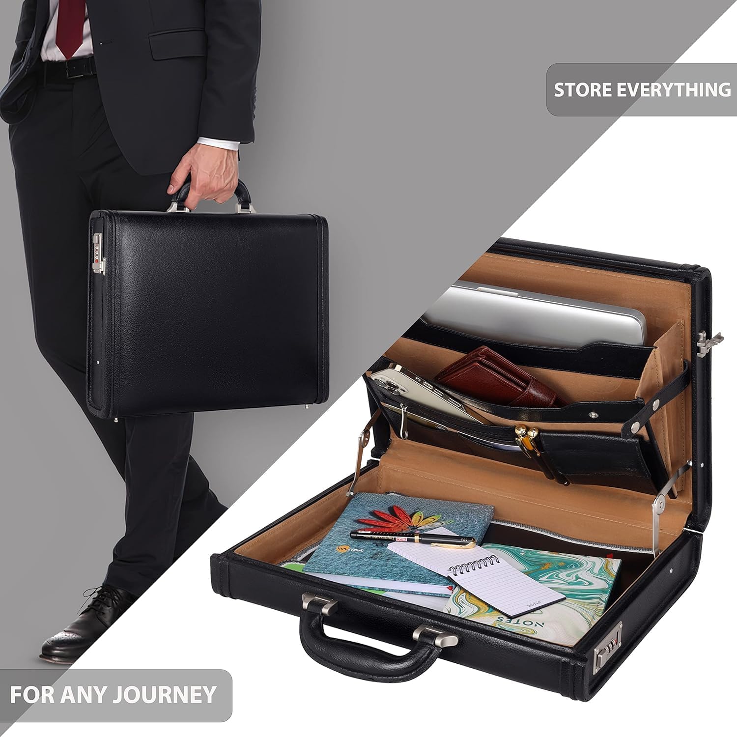 Da leather villa Full Grain Leather Briefcase Attache Case For Unisex Size L17xW3xH12 Inches Briefcase Bag (Black)