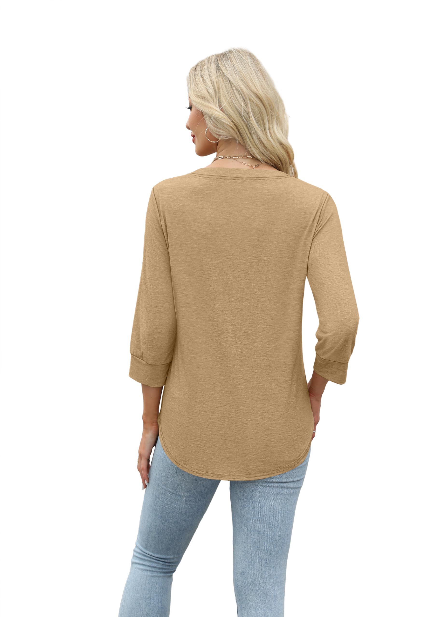 Aokosor Womens 3/4 Sleeve Tops Ladies Blouse V Neck Tunic Long Sleeve T Shirts Curved Hem Office Wear — view 4