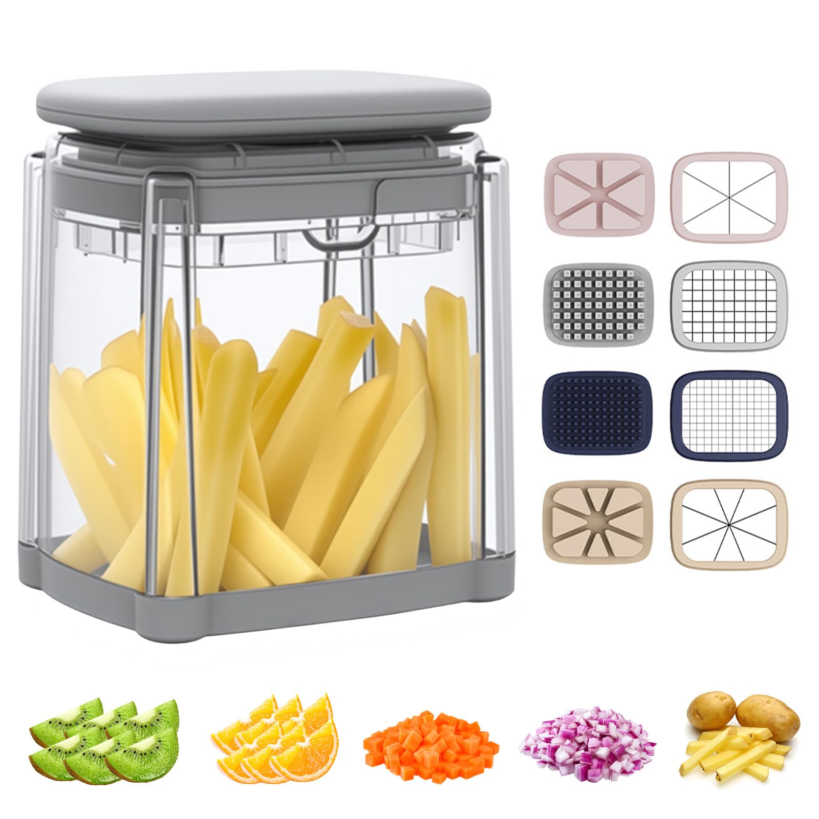 Coupe Frite, 4 EN 1 Decoupe Legumes Manuel avec avec 4 Lames Interchangeables Mandoline Dicer à Presse Coupe Legumes Multifonctions pour Frites, Concombre, Carotte, Oignon, Fruits