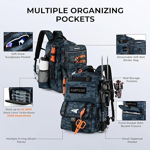 Miniatura 4 de KastKing BaitSpace - Mochila para aparejos de pesca de 50 litros con carpeta de cebo extraíble y 4 cajas de aparejos, soportes para cañas de