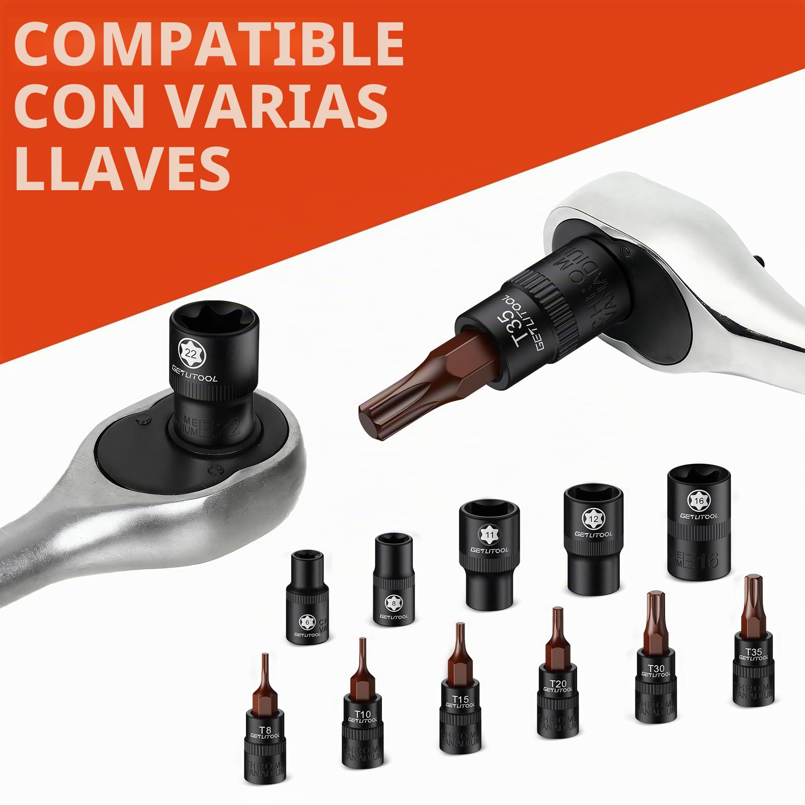 GETLITOOL Juego de 24 llaves de vaso E-Torx E-Torx de acero CR-V E4-E24 y T8-T40, llaves de estrella con grabado láser y caja organizadora para reparación de automóviles, mantenimiento mecánico