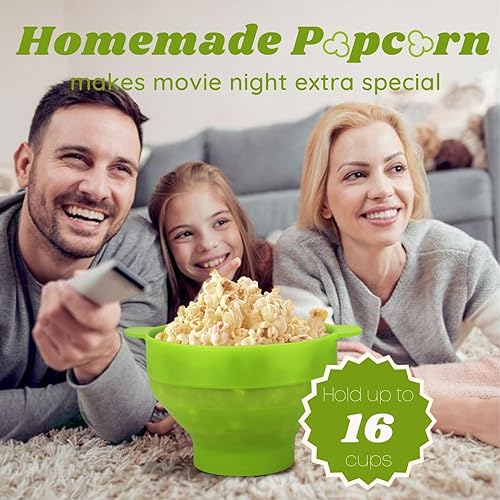 Miniatura 7 de Flexzion Palomitas de maíz de silicona para microondas, sin BPA, plegable, para microondas, con tapa y asa, apto para lavavajillas, cubo de silicona