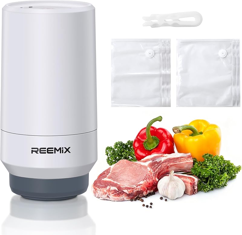 Máquina selladora al vacío de mano con 10 bolsas reutilizables | (10"x13.8" y 11.8"x13.5"), sellador de alimentos inalámbrico recargable para Sous Vide, preparación de comidas, sin BPA, portátil y ahorra espacio