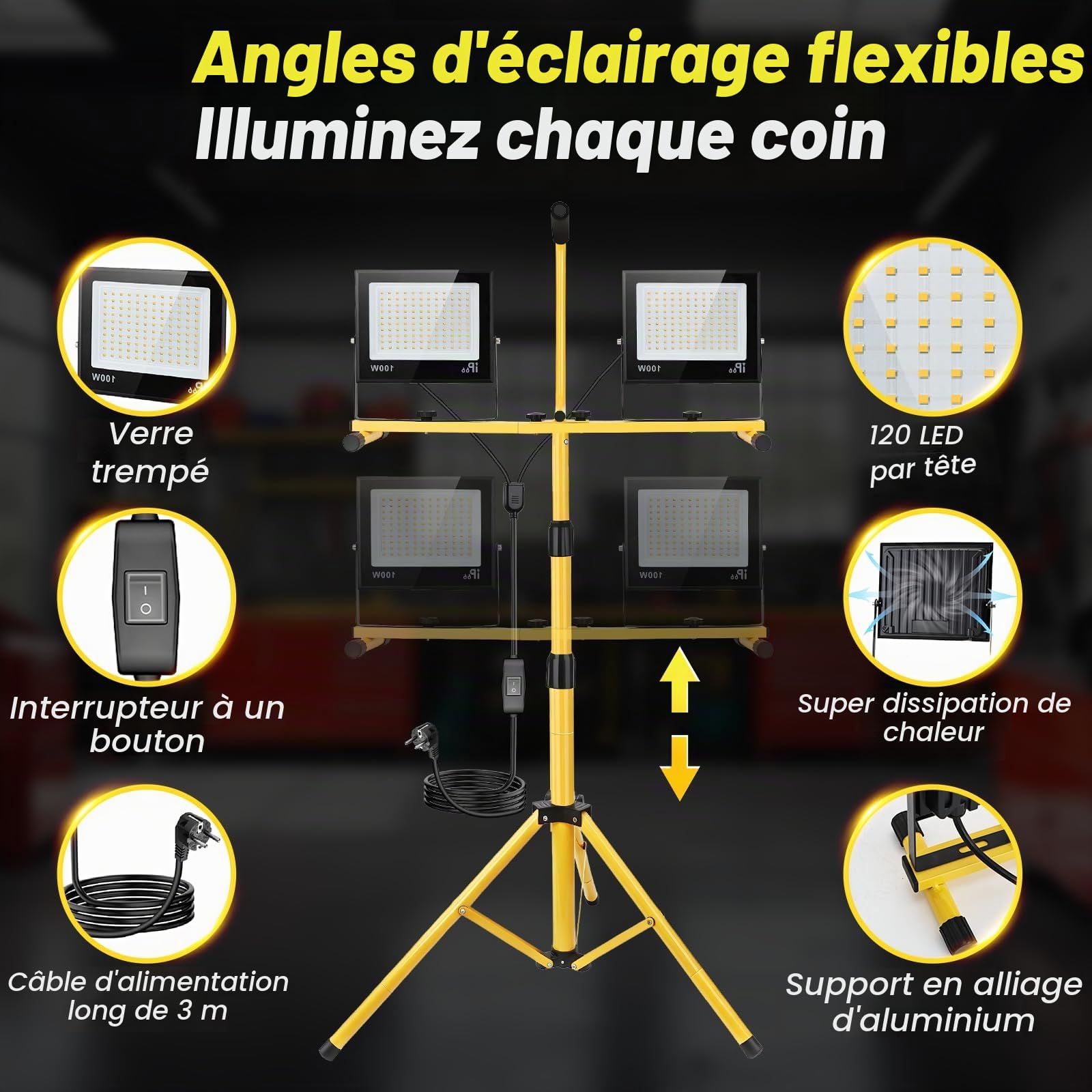 Projecteur de Chantier LED sur Trépieds, 200W 15000LM Lampe Chantier, Pivotante à 360° | Étanche IP66 | Câble 3M | Réglable en Hauteur de 65 à 160 cm pour Atelier, Chantier, Garage