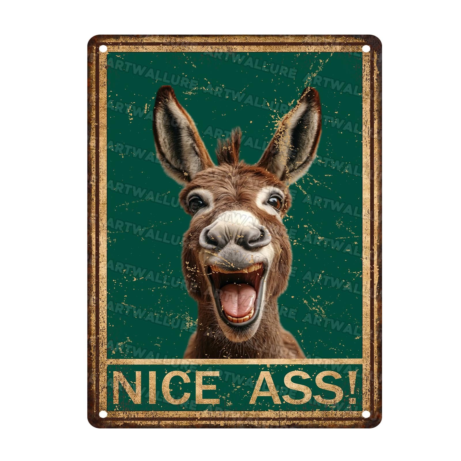 Farmhouse Humor Donkey Sign Nice Ass Vintage Metal Tin Plaque Funny Bathroom Decor for Restroom Washroom or Outhouse Rustic Gift 12x16Inch
