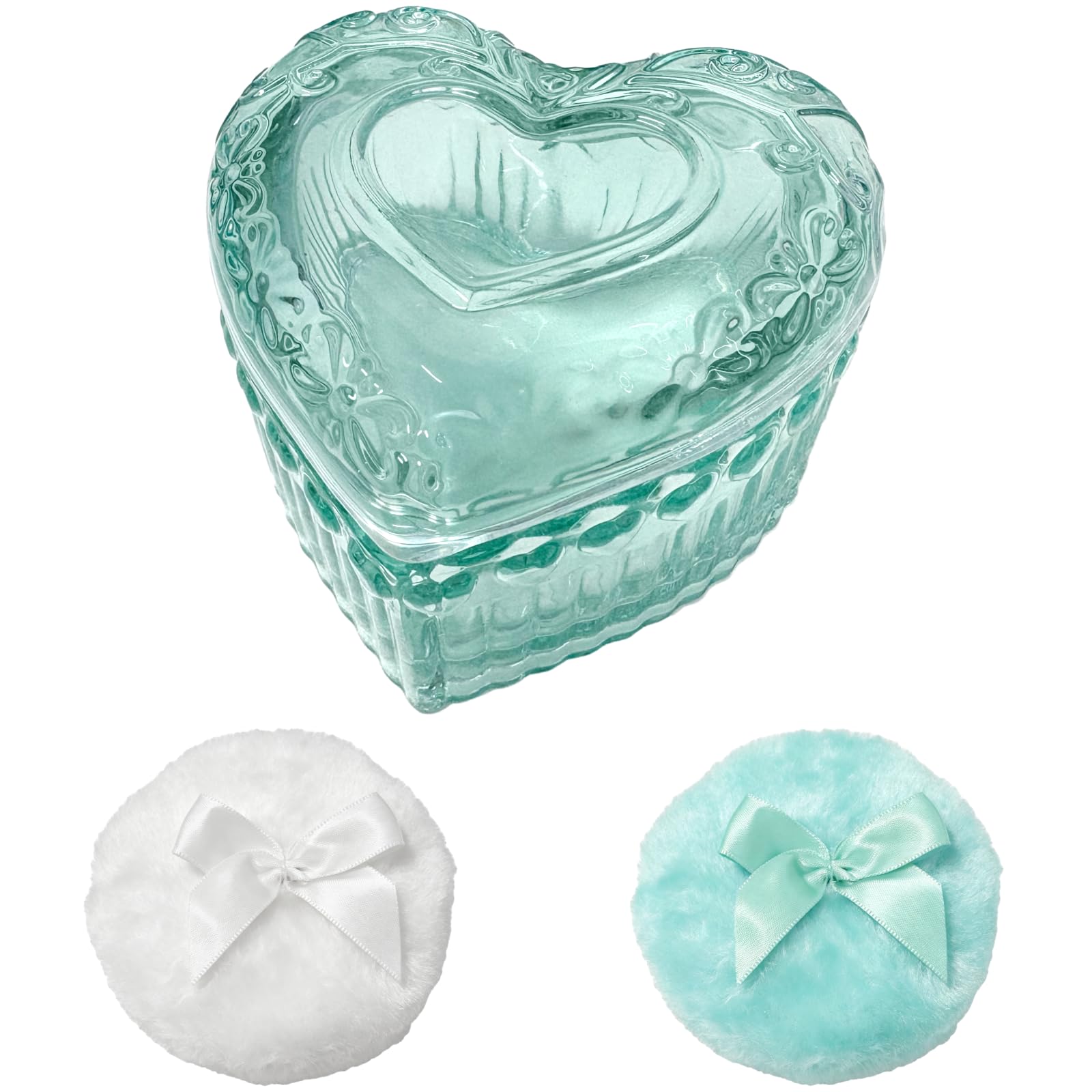 Lot de 3 houppettes poudre grand format, boîte en verre en forme de cœur, houppettes maquillage en peluche douce, lavables et réutilisables, déco coiffeuse pour maquillage humide et sec, bleu