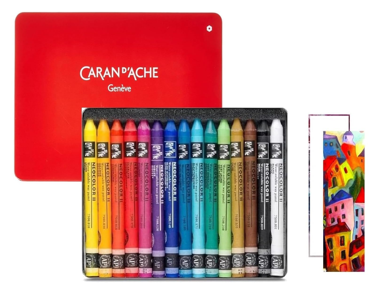 Caran d'Ache Neocolor II, Pasteles de cera acuarelables, Lápices de cera Aquarellables - Lote de 15 y 2 tarjetas