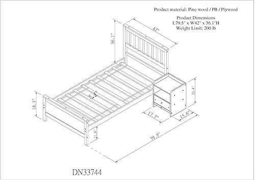Miniatura 2 de Cama individual, marco de cama de madera con cabecera y mesita de noche para niños, listones (blanco, individual)