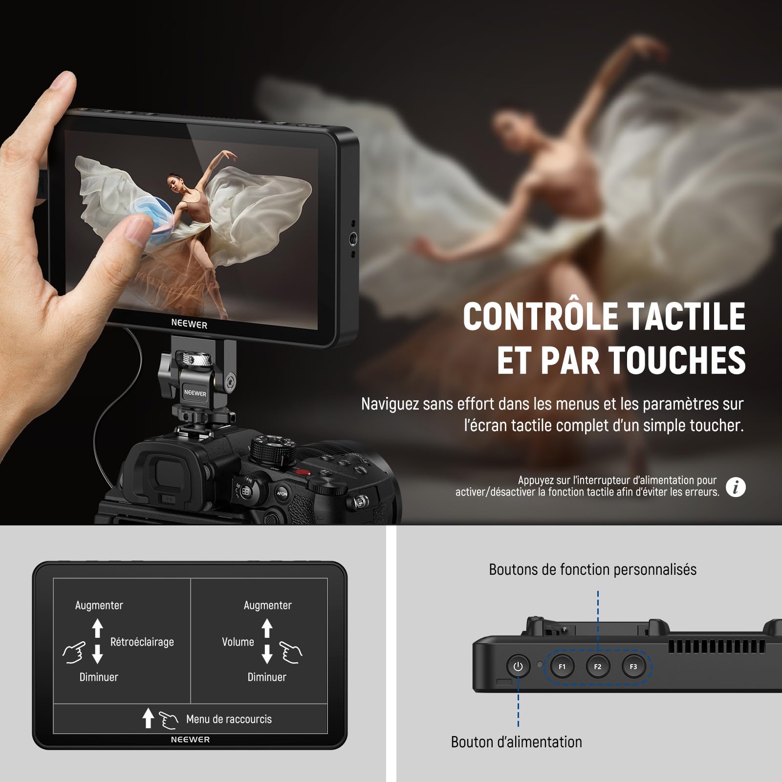 NEEWER F700 Moniteur Terrain pour Caméra 7",écran Tactile IPS HD 2000nit 1920x1080 avec 3D LUT,Boucle d'Entrée/Sortie HDMI 4K avec Peak Focus DSLR Video Assist HDR Waveform,2 Batteries NP-F750 & Câble