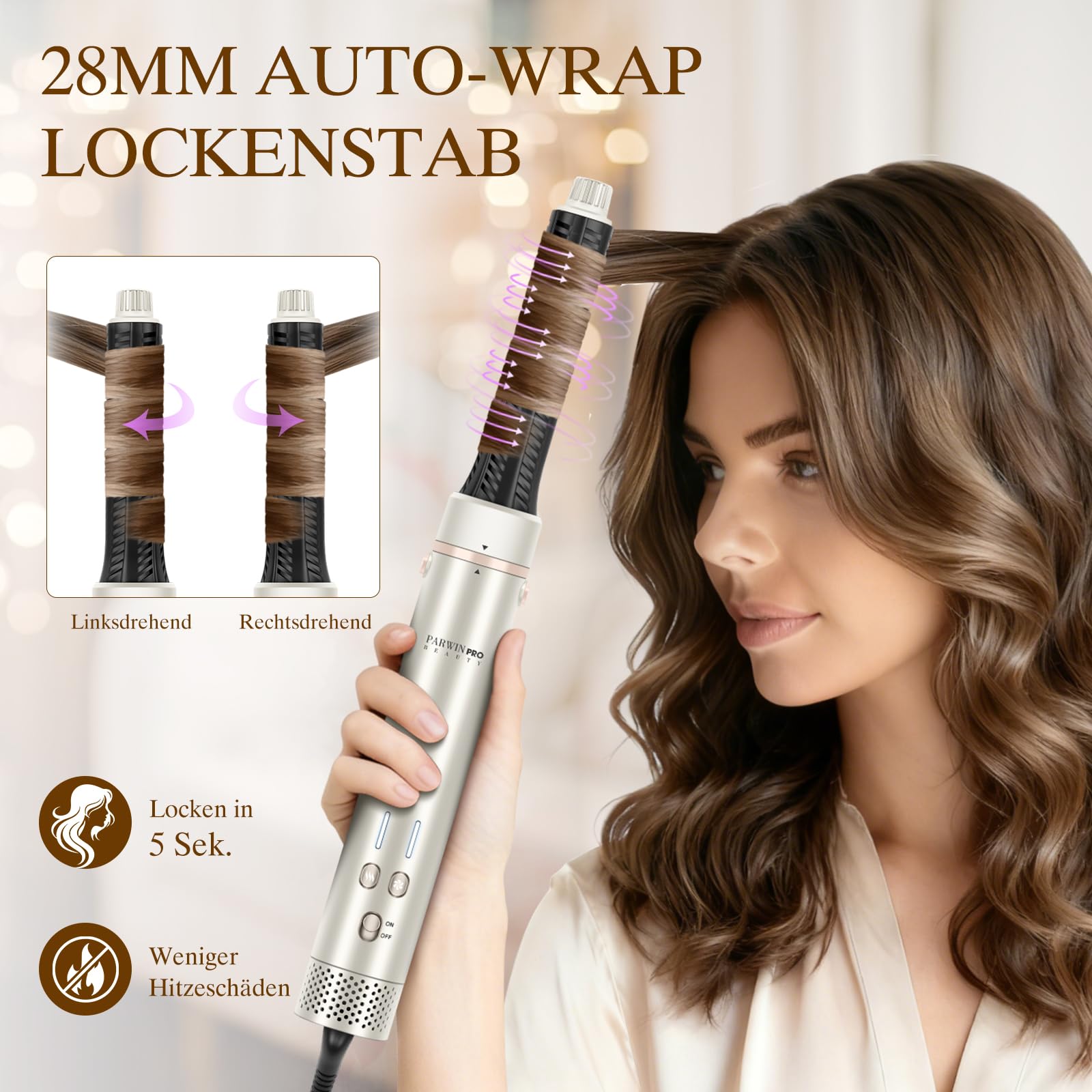 7 in 1 AirStyler, Automatische Doppelspannung MaxAIR 2.0 Multi-Styler Set | mit Luftglätter, 28mm automatischer Lockenwickler, 110000 U/Min, Glättender Finish-Aufsatz, Diffusor, Champagnersilber