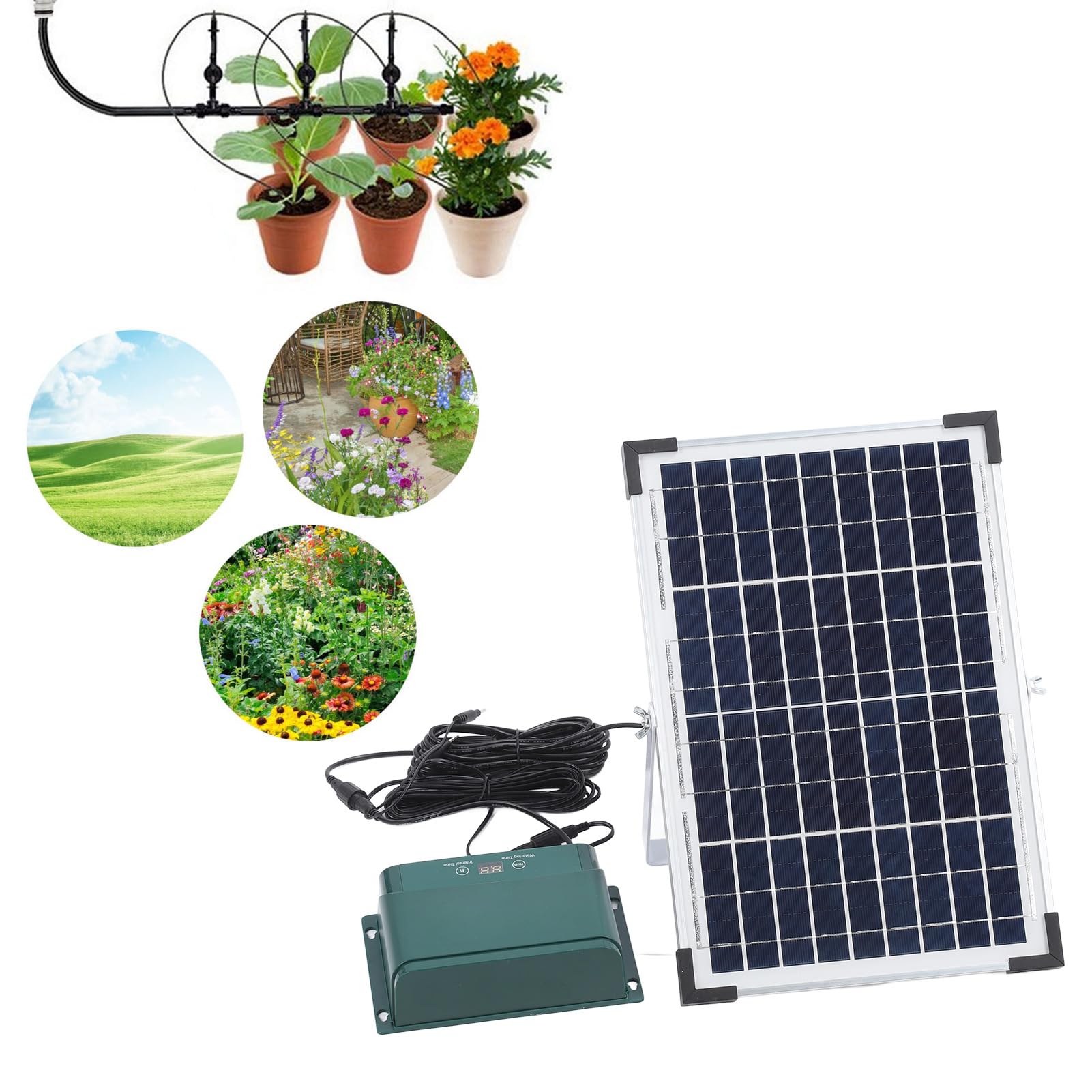 FLEXMAN Set di sistemi di irrigazione solare a goccia, kit di irrigazione automatica solare da 10W 18V Kit completo di irrigazione a goccia per balconi, terrazze, giardini, cesti