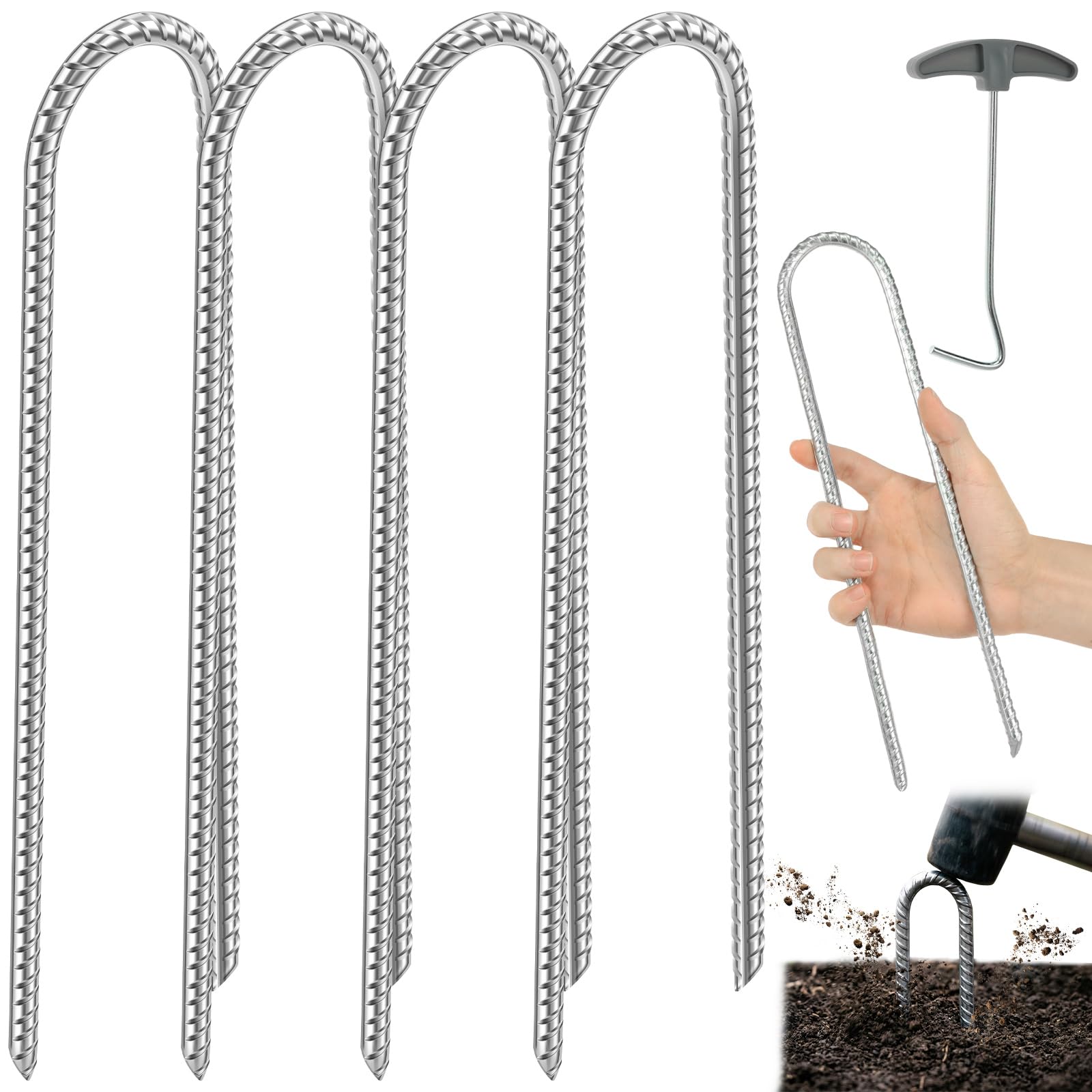 4Pack Tent Pegs Metal Heavy Duty 12 Inch Ground Anchors with Peg Puller Ribbed Steel U-Shaped Trampoline Stakes Galvanised Metal Tent Pegs Garden Staples for Camping, Gazebo, Swing Sets, Football Nets