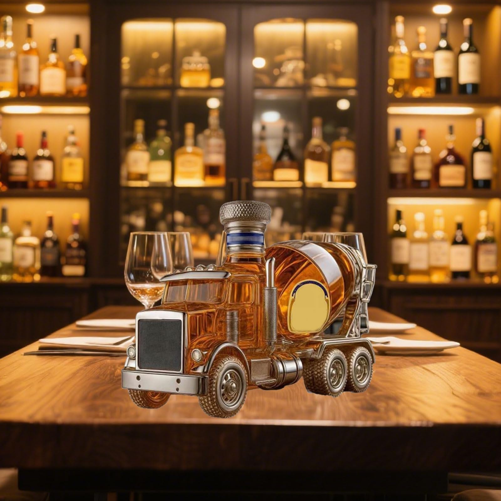 300ML Decantador Whisky Arte Escultura - Decantador De Whisky De Vidrio Con Forma De Camión Mezclador De Cemento 3D, Estatua Artística De Botella De Vino Novedosa Con Tema De Coche(D)
