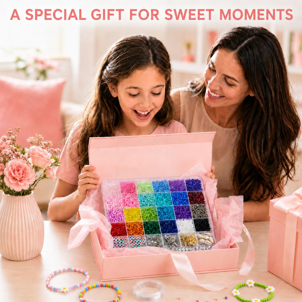 Redtwo 3400 cuentas de cristal de 4 mm para hacer pulseras de joyería, kit de pulseras de la amistad, kit de cuentas pequeñas de cintura con cuentas de letras y cuerda elástica, regalos para niñas