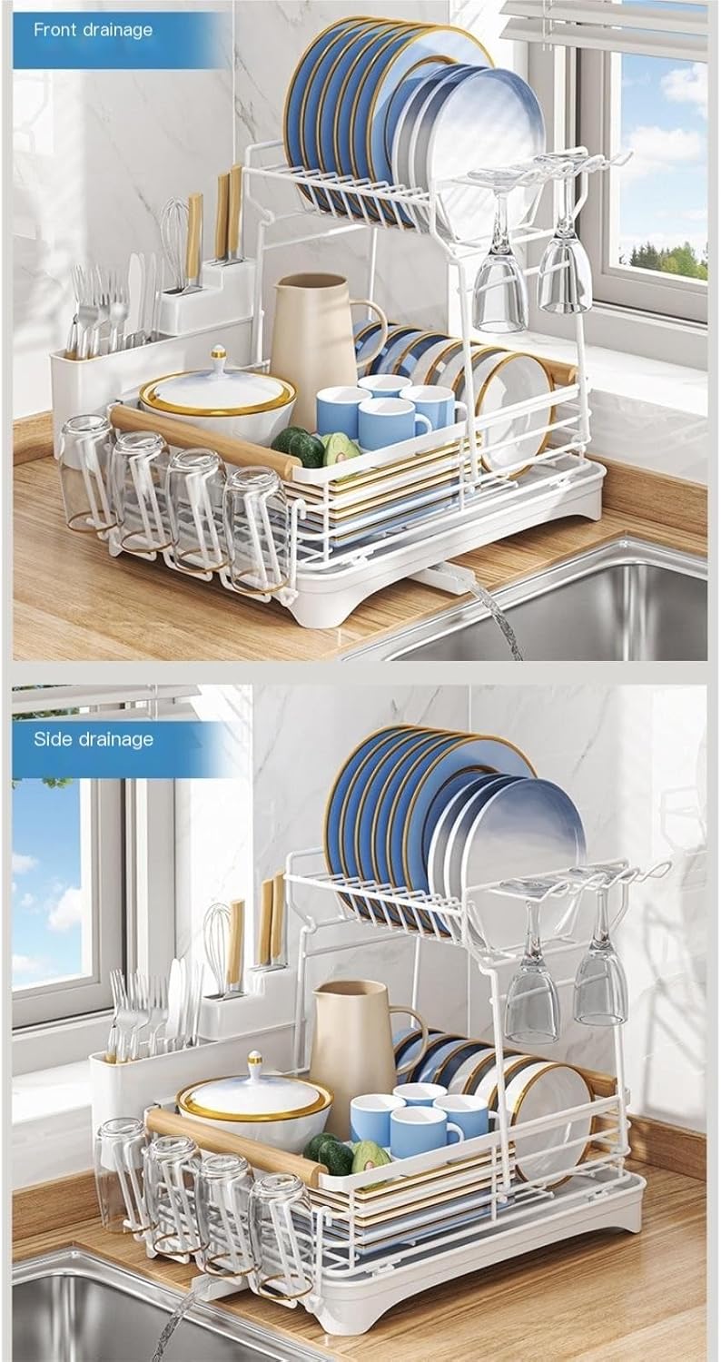 Dish Drying Rack Double Layer Dish Rack with Cup Holder Kitchen Dish Drying Rack Large Sink Dish Racks Draining Rack for Various Kitchenware(B)