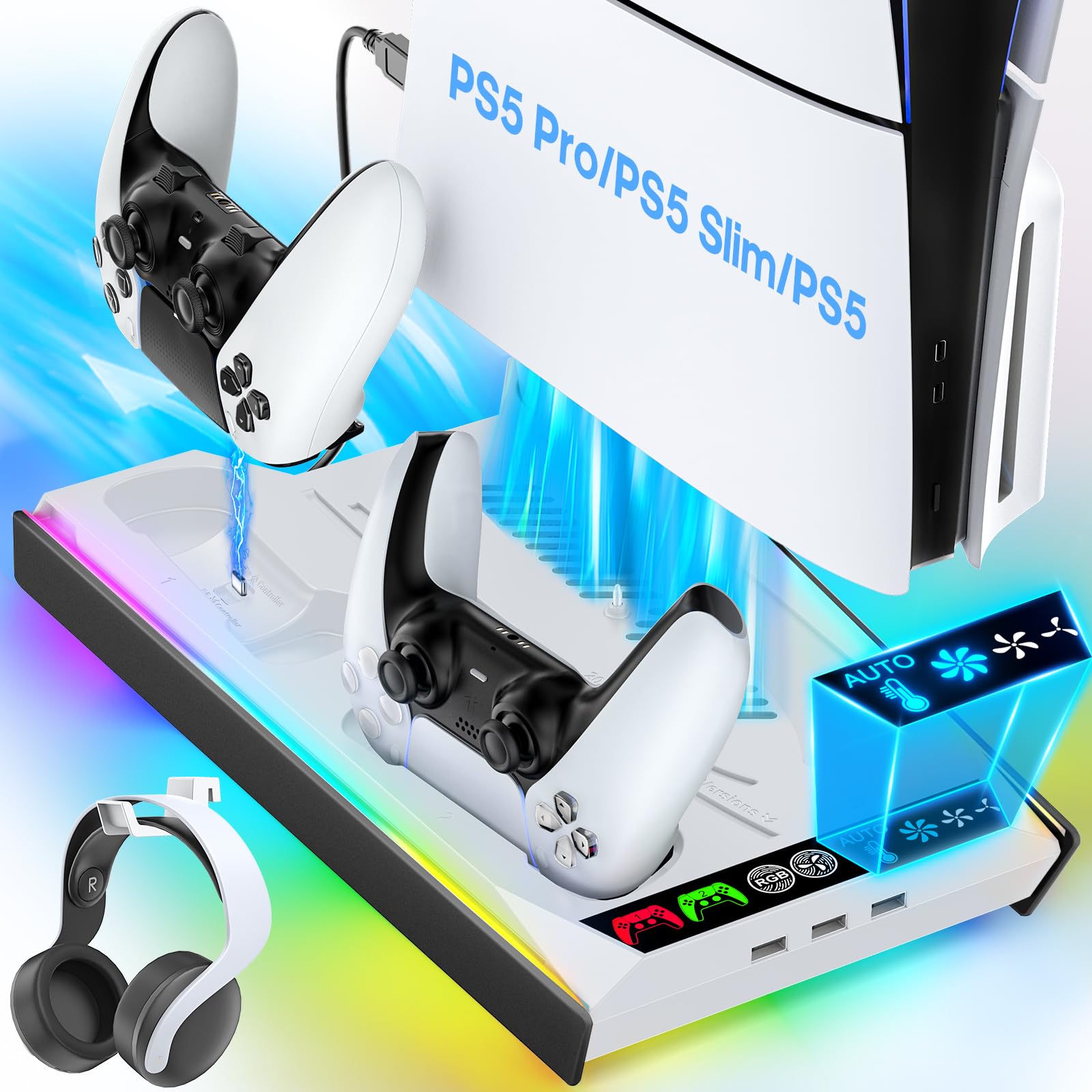 Tokluck PA5/Slim/Pro Cooling Station with Auto Turbofan &amp; 3-Level Speed, PA 5 Vertical Stand Cooling Fan Station with Controller Charger, Accessories Base Cooler Docking Station, White &amp; Black