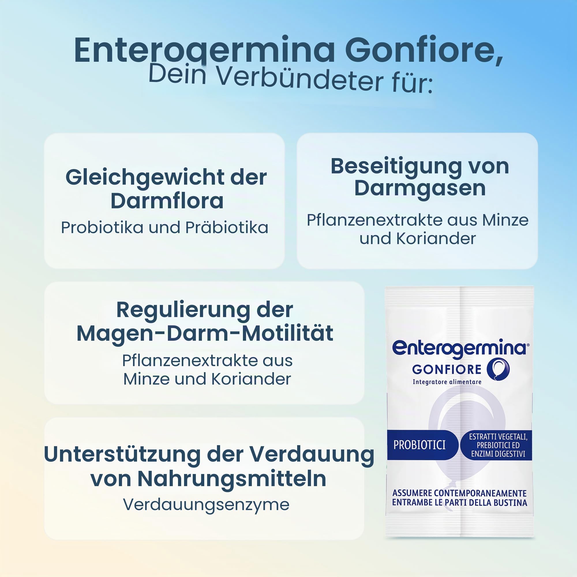Enterogermina Schwellungen, probiotische Molkereien, Präbiotika für Erwachsene – Nahrungsergänzungsmittel mit Verdauungsenzymen und pflanzlichen Extrakten gegen Bauchschwellung und Schwellungen des