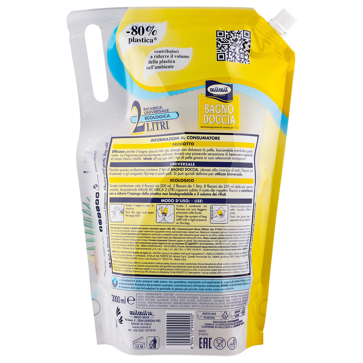 Milmil Bagno Doccia Cocco Oil, Detergente Profumato, Busta Ricarica Maxi, 4 x 2000 ML