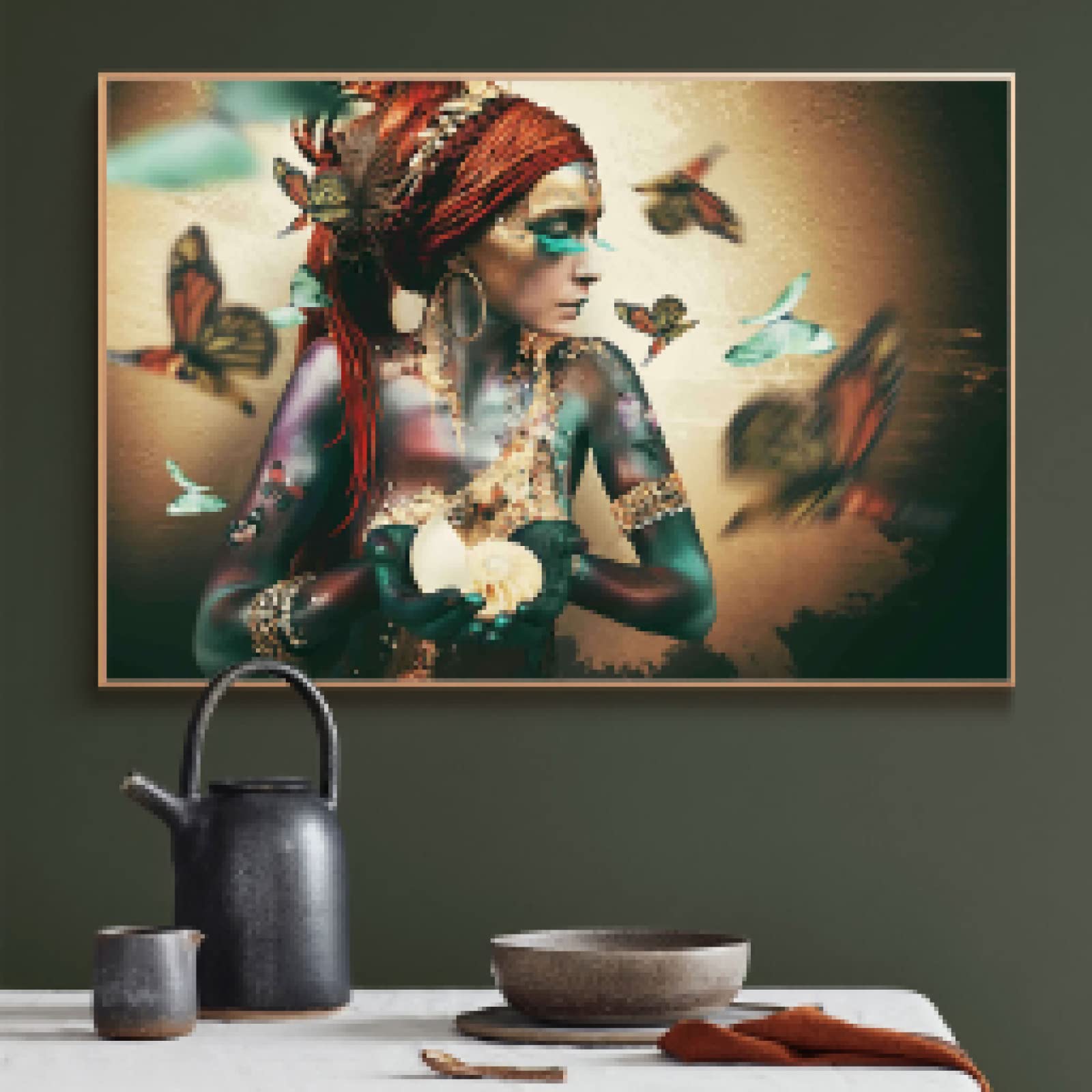 Yooyu Cuadros de pintura de lienzo de mariposa de mujer africana, carteles e impresiones, cuadro de arte de pared escandinavo para decoración de sala de estar, 40x70cm (16x28in), marco dorado