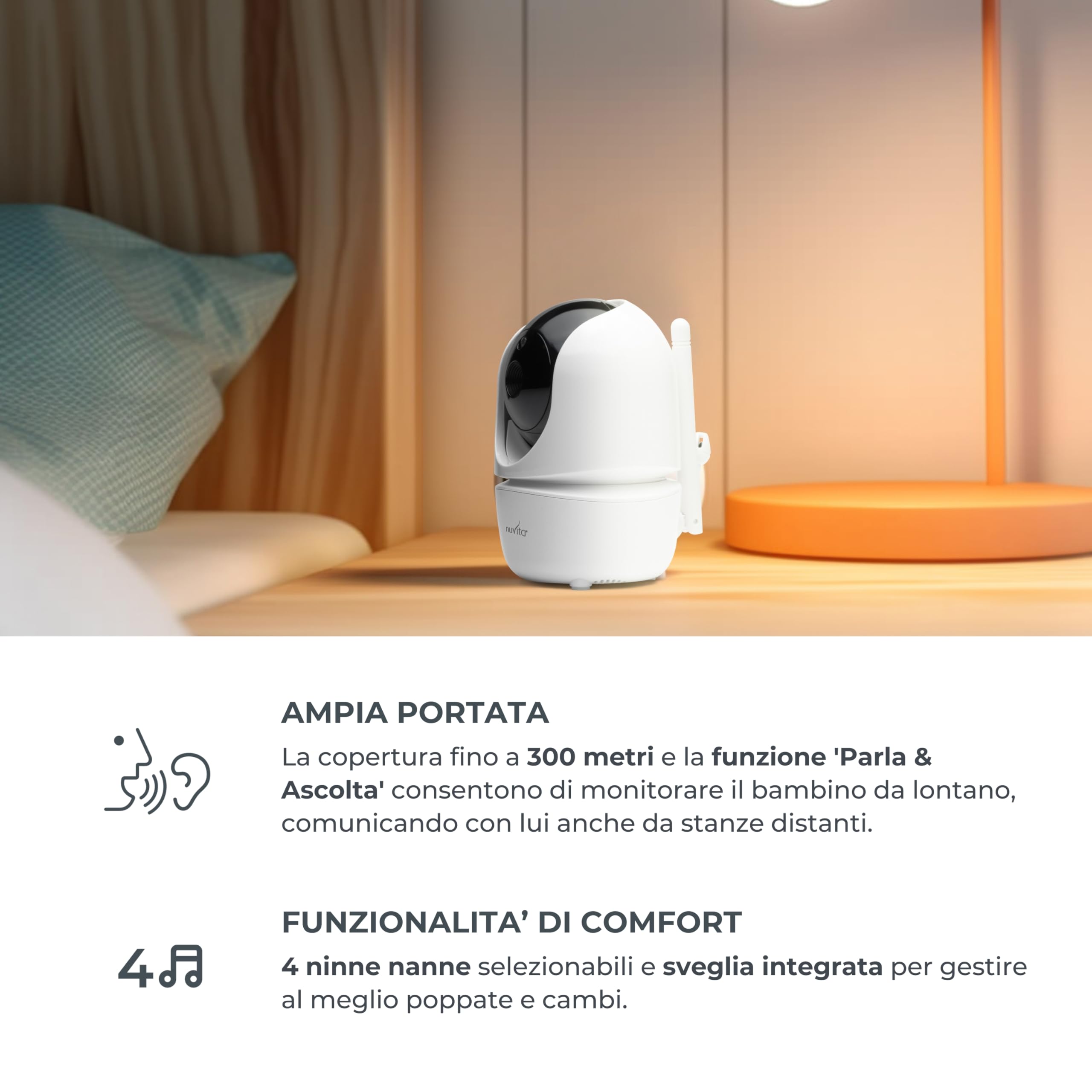 Nuvita 3045 Videovoice - Baby Monitor Video Wireless a 360° con telecamera direzionabile a distanza, SMART VOX, Visione Notturna e Ninne Nanne