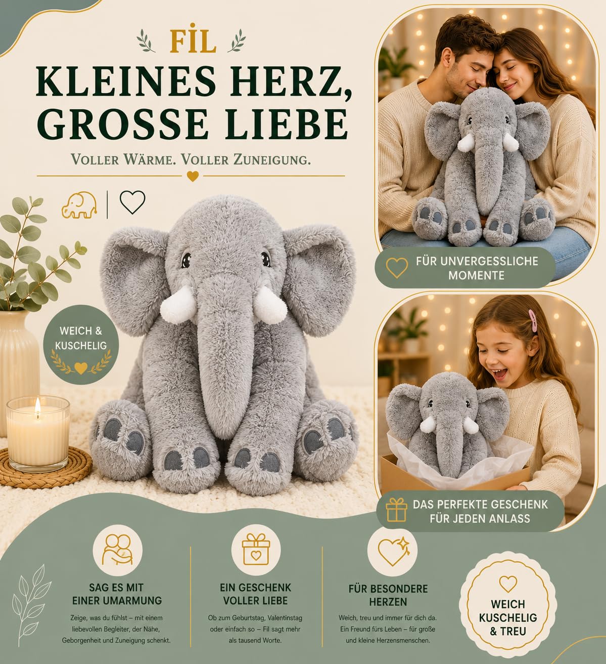Peluche éléphant XXL – Coussin doux en peluche éléphant – Peluche mignonne en matériau doux, compagnon de sommeil et décoration (gris)