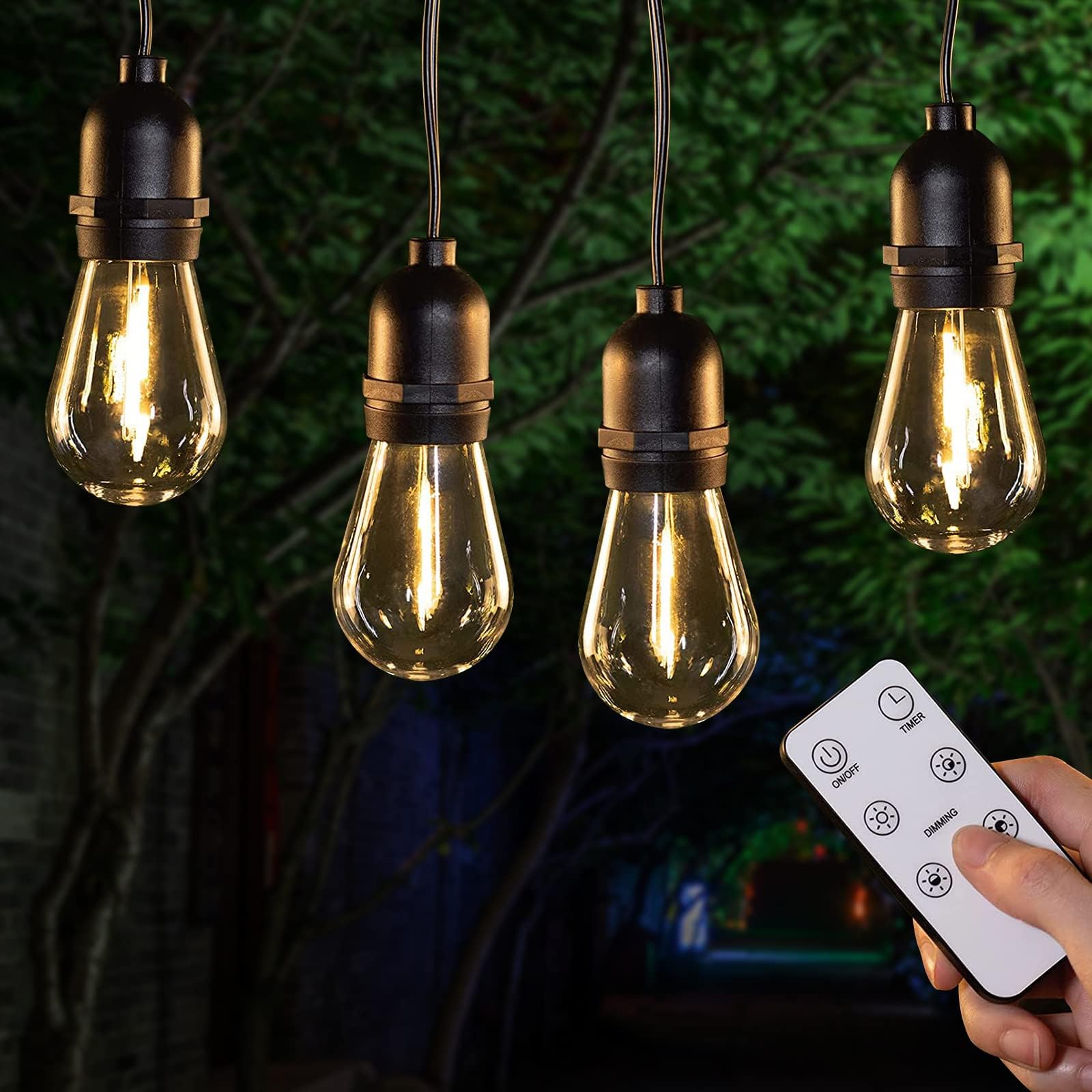 Patio Lights Dimmer 52Ft LED Outdoor String Lights with Remote Dimmer(Included), Waterproof Hanging 4 Brightness Patio String Lights,15+(1) Edison Bulbs Shatterproof for Porch Cafe gazebo Bistro