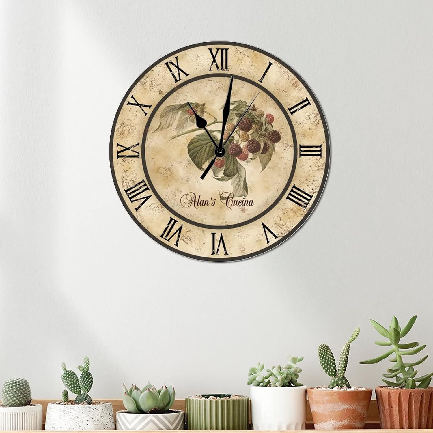 Raspberry Cucina Personalized Wooden Wall Clock Summer Fruit Hanging Wood Wall Clocks Battery Operated Non-Ticking Sweep 12 inch Abstract Farmhouse Wall Clock for Home Living Room Bedroom Office