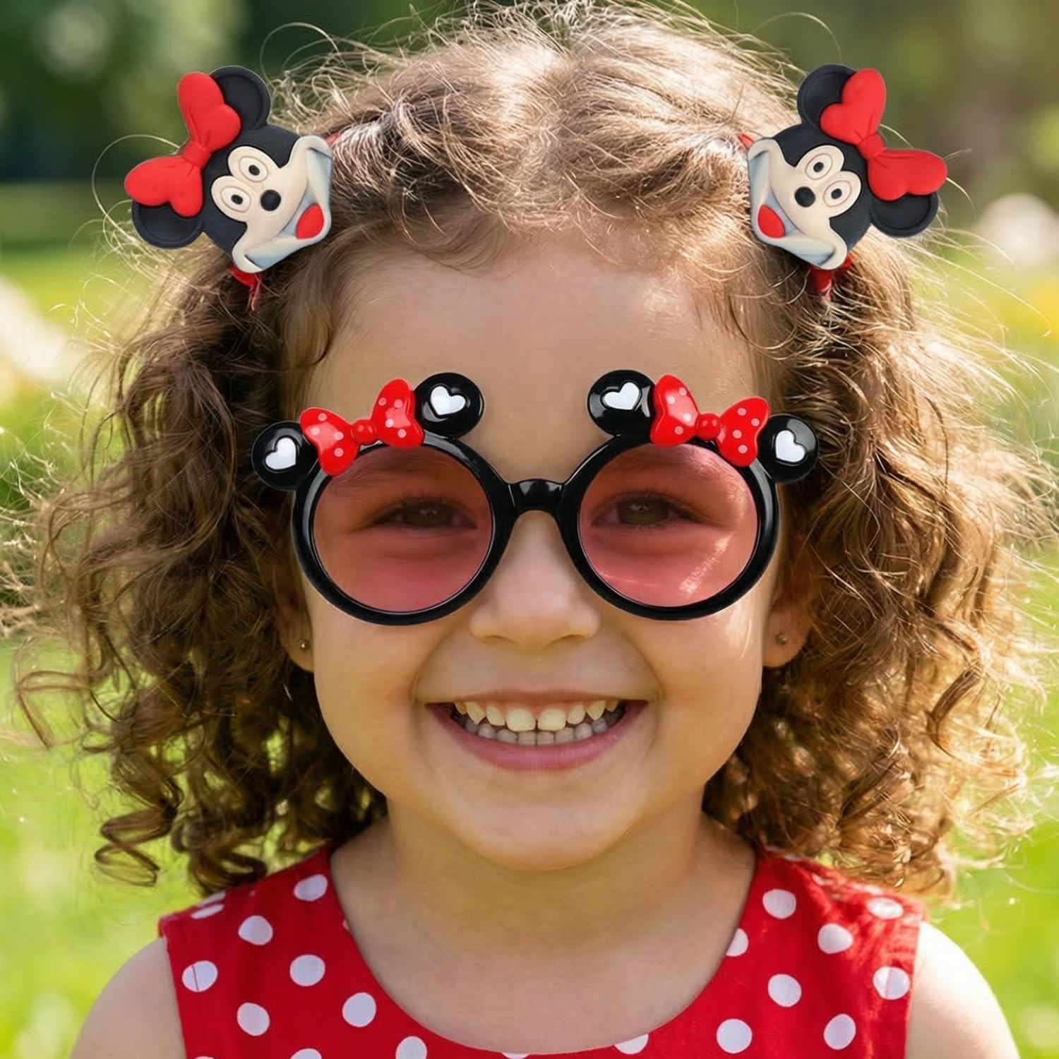 Fashion Alley Pack of 3 Kids Sunglasses and Hair Clips Set | Cartoon Mouse Shape Frame with Bow Design Heart Lenses | Fancy Dress Party Photo Props Eyewear | Kids Girls Costume Accessory (Black) 3
