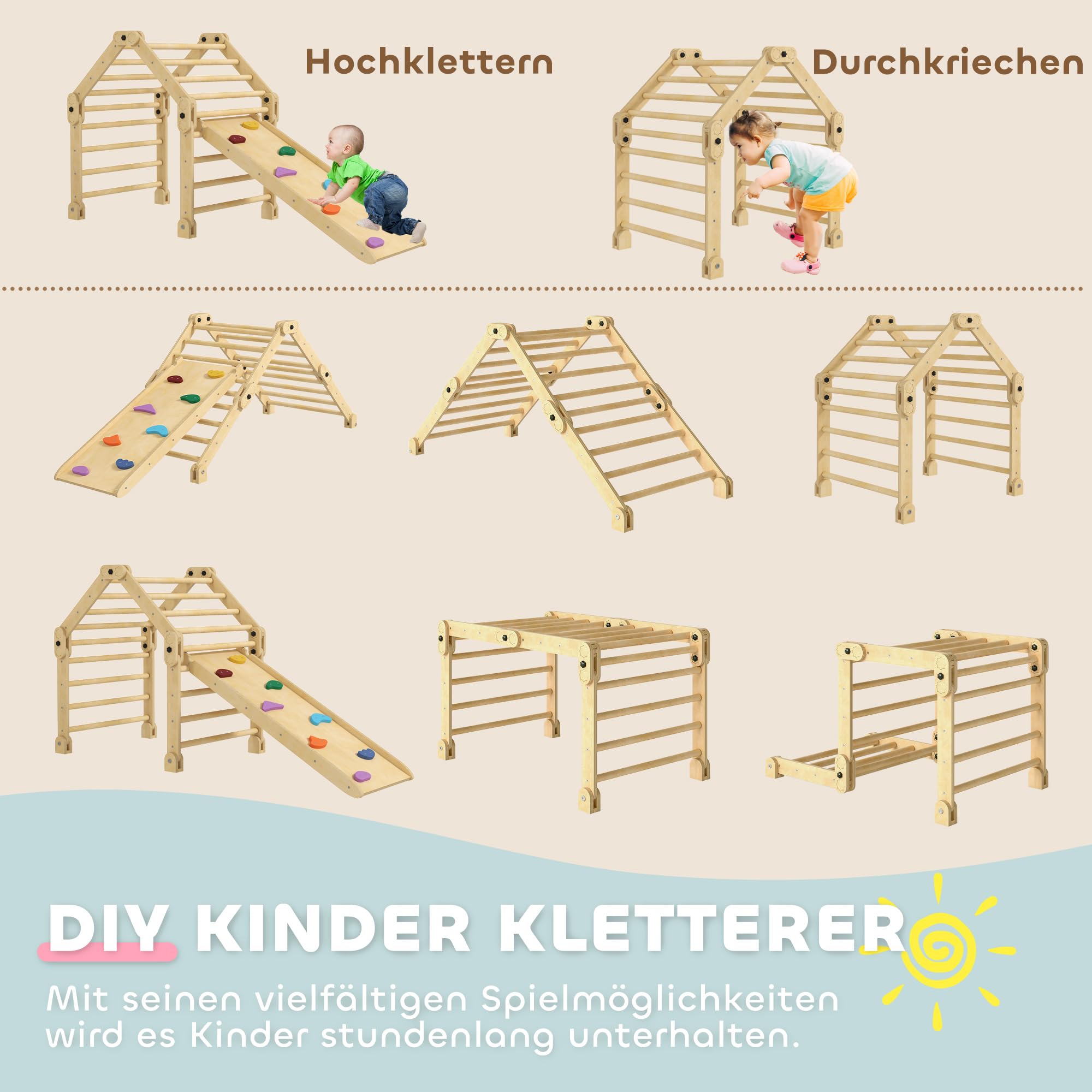 AIYAPLAY 3 in 1 Montessori Klettergerüst mit Rutsche für 1,5-4 Jahre | Indoor, Holz Kletterdreieck, Kletterwand, Indoor Spielplatz, für Kleinkinder und Kinder