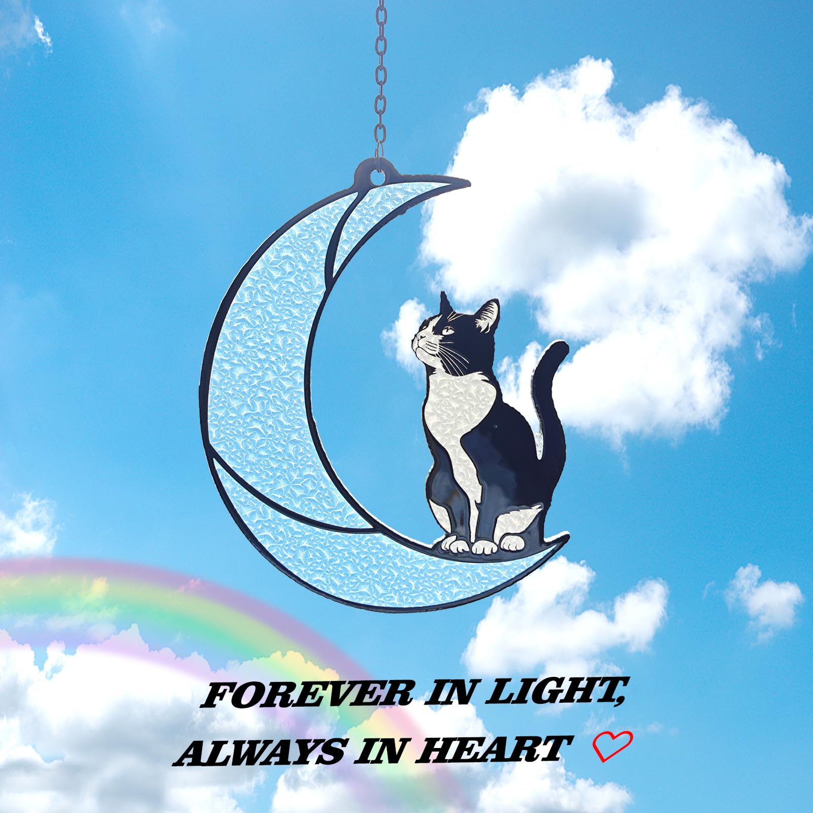 Black and White Cat Moon Suncatcher - Cat Loss Sympathy Gift, Tuxedo Stained Glass Hanging Ornament for Memorial Home Decor