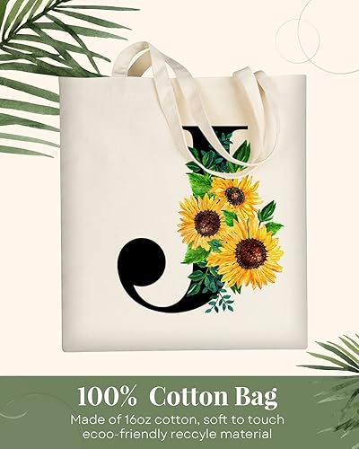 Miniatura 3 de AUSVKAI Bonita bolsa de lona con inicial de girasol para mujer, Initial J